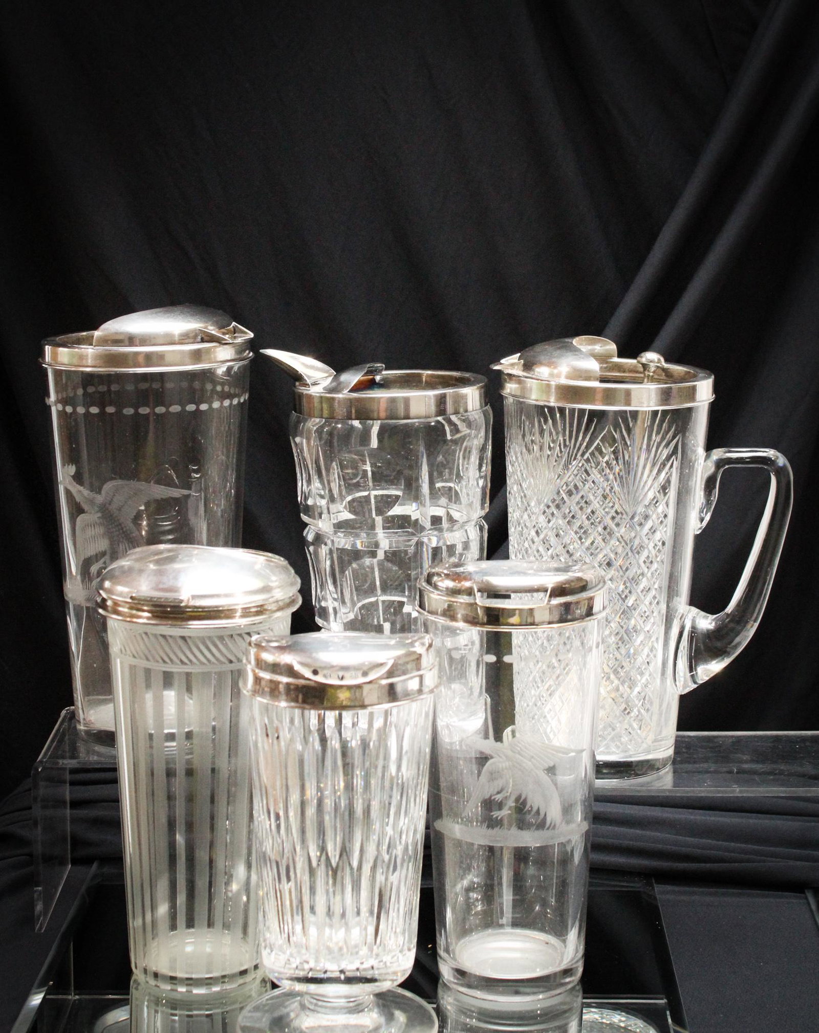 6 pc Lot Hawkes Cut Glass & Sterling Silver Cocktail Barware: Amazing offering of 6 cut glass and sterling cocktail barware items. Four are signed Hawkes and one having a sterling silver stir spoon. Two are marked Sterling only. Tallest measures 9 1/2".
