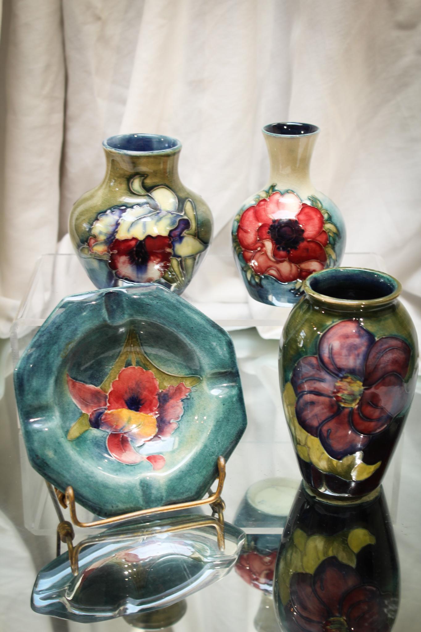 4 pc. Lot Moorcroft Pottery Vases & More: Nice assorted lot of Moorcroft pottery vases and included with them is an ashtray. Ever crave a cigarette while you are looking at your fresh flowers in the vase? Now is your chance! Lovely brilliant 