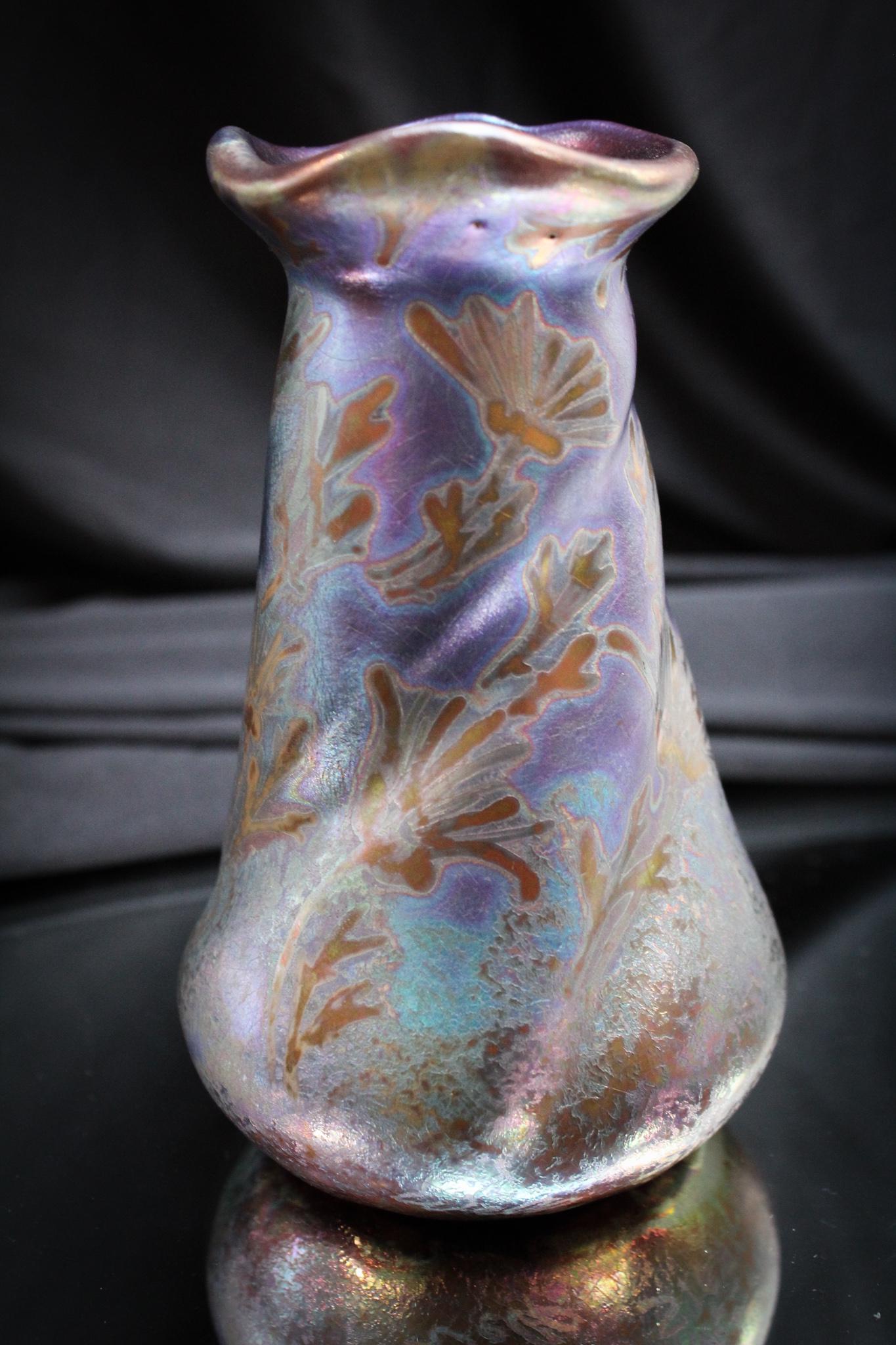 Weller Pottery Sicard Twist Vase: Such a nice example of the Sicard line by Weller pottery. This one is in a twisted mold with floral dÃ©cor. So nice. Measures 4 3/4" tall.