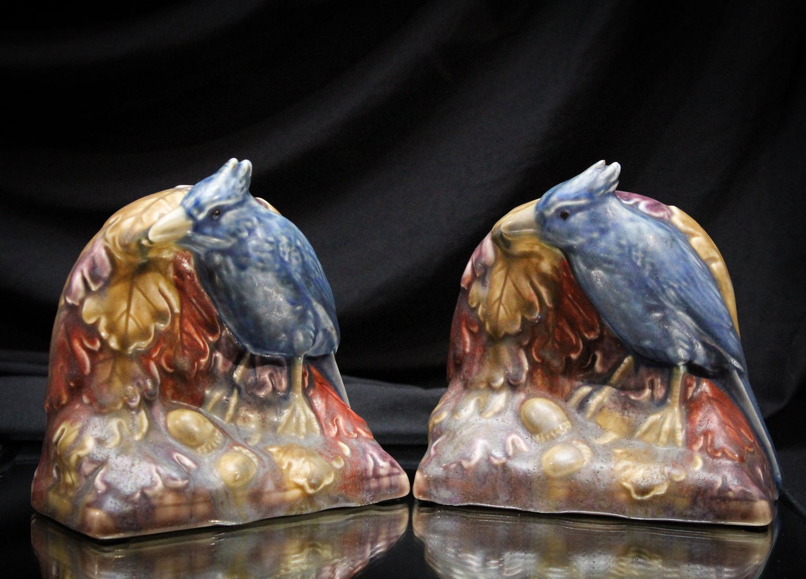 Rookwood Pottery Jaybird Multi-color Bookends: Great Rookwood Jaybird multicolor bookends. Each measures 5". Numbered 2829 "XCIX".