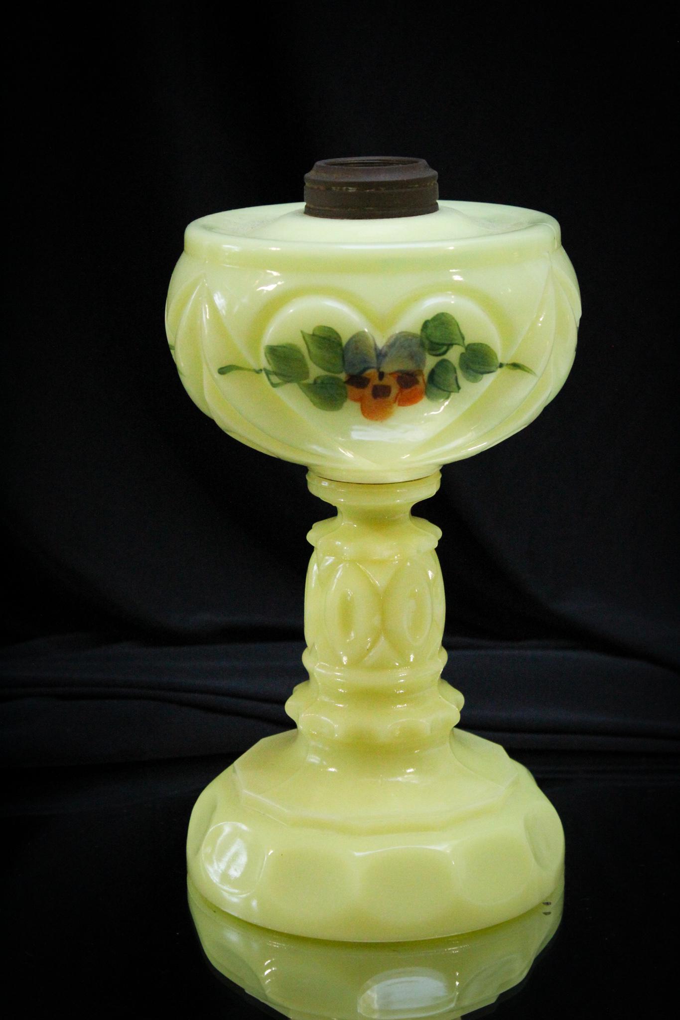 Tarentum Custard Decorated Oil Lamp: Beautiful Uranium custard glass decorated oil lamp by Tarentum in the pressed Heart Delight pattern. Measures 9" tall.