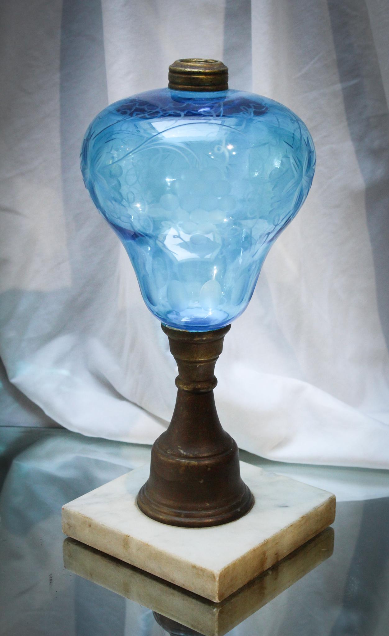 Blue Engraved Grape Oil Lamp: Nice electric blue etched engraved grape design oil lamp with marble base. Measures 12" tall.