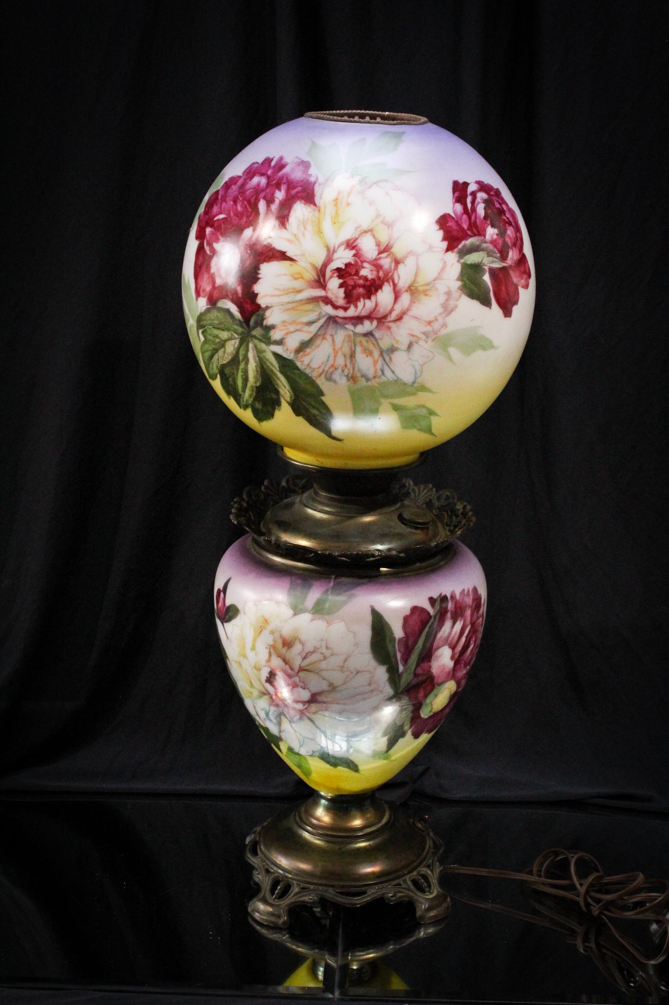 Peony DÃ©cor Victorian Parlor Gone With the Wind Oil Lamp: What is prettier and more reminiscent of Summer than peony flowers on a lavender background. Beautiful lamp! Measures 23" tall.