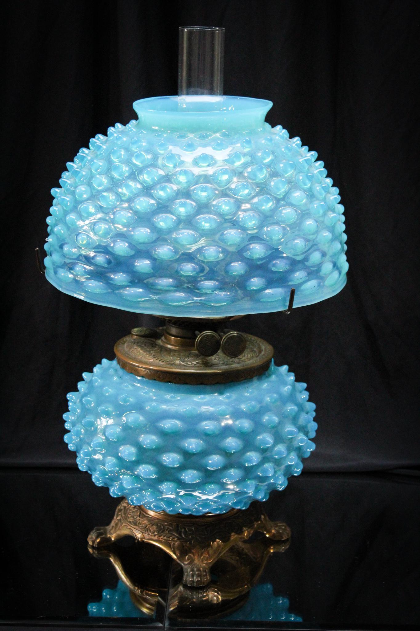 Incredible Blue Opalescent Hobnail Victorian Parlor Oil Lamp