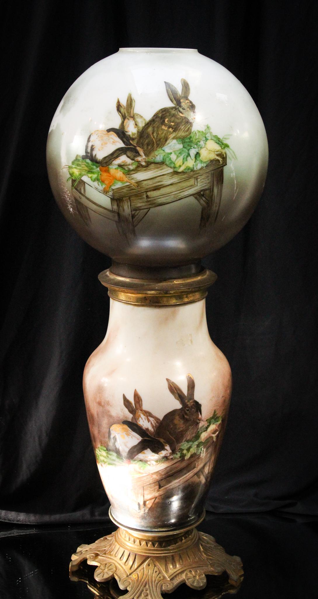 Baccarat signed Gone With the Wind Parlor Oil Lamp Base: Nice pairing here folks of a signed Baccarat Rabbit dÃ©cor lamp base accompanied by a rabbit dÃ©cor shade. Base is signed.