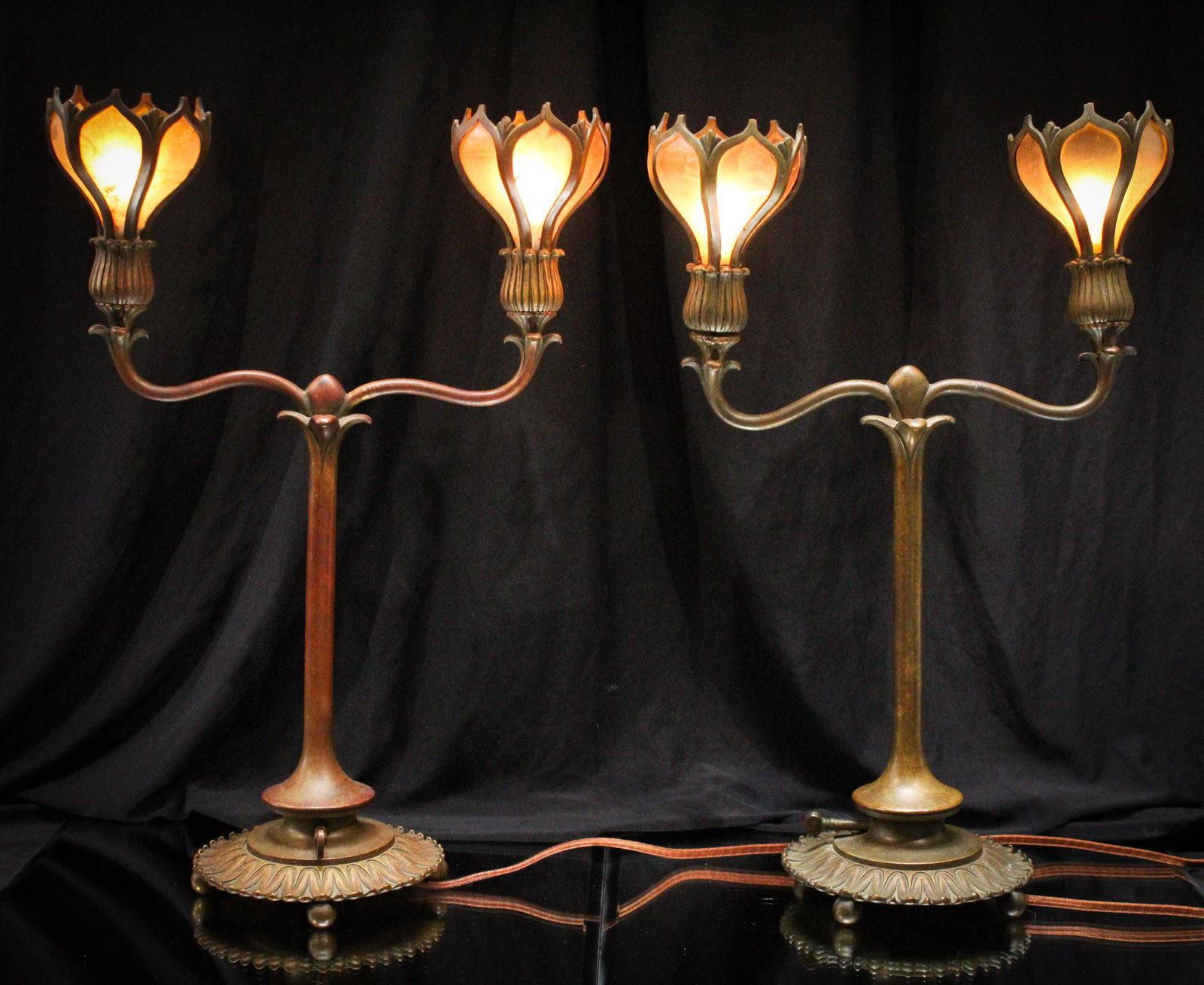 Pr. Art Nouveau Bronze Mica Mantle Lamps: Amazing bronze double arm Art Nouveau mantle lamps complete with mica shade insets. Lovely pair in original patina. Marked on base as shown. Great pair.
