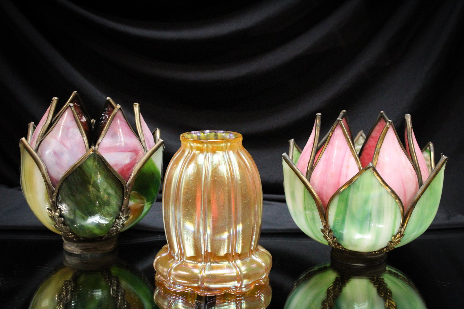 3 pc. Lot Antique Slag & Irridescent Shades: Nice offering of three art glass shades. Two are slag glass and one is gold irridescent. Gold is unsigned. Largest measures 3"