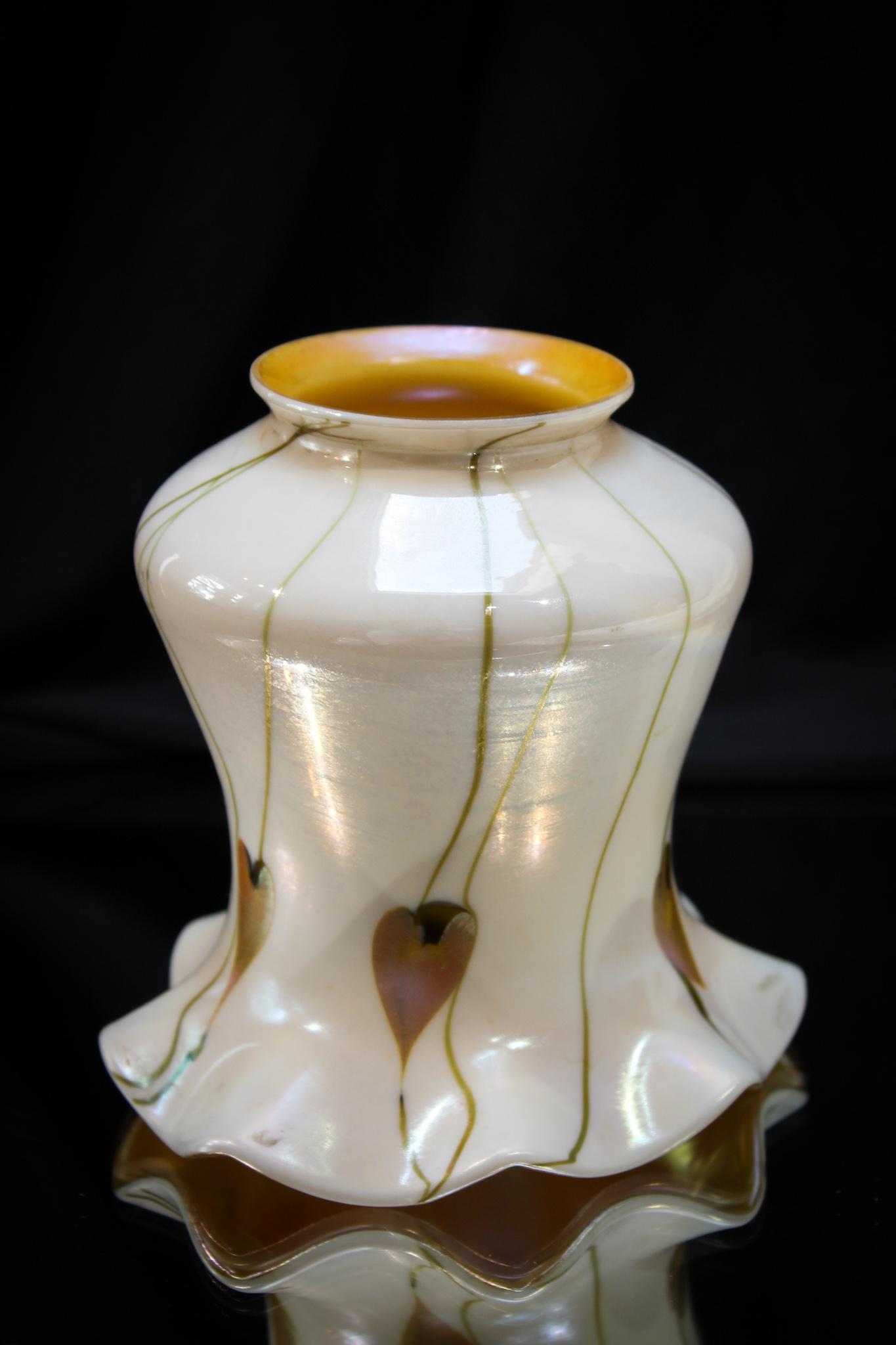 Fostoria Lamp & Glass Heart & Vine Art Glass Shade: Beautiful Fostoria Lamp & Glass heart and vine pattern art glass shade. Very nice example measuring 4 1/2" tall, 4 1/2" wide, and a 2 1/4" fitter.