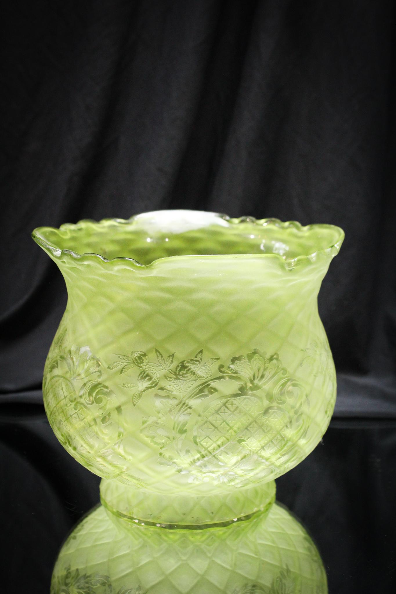 Victorian Green Cameo Glass Diamond Quilted Shade: Very rare green Victorian cameo acid cut back shade with inner diamond quilt pattern in an amazing and unusual color of celery green. Measures 6" tall, 6 3/4" wide, and 4" fitter rim.