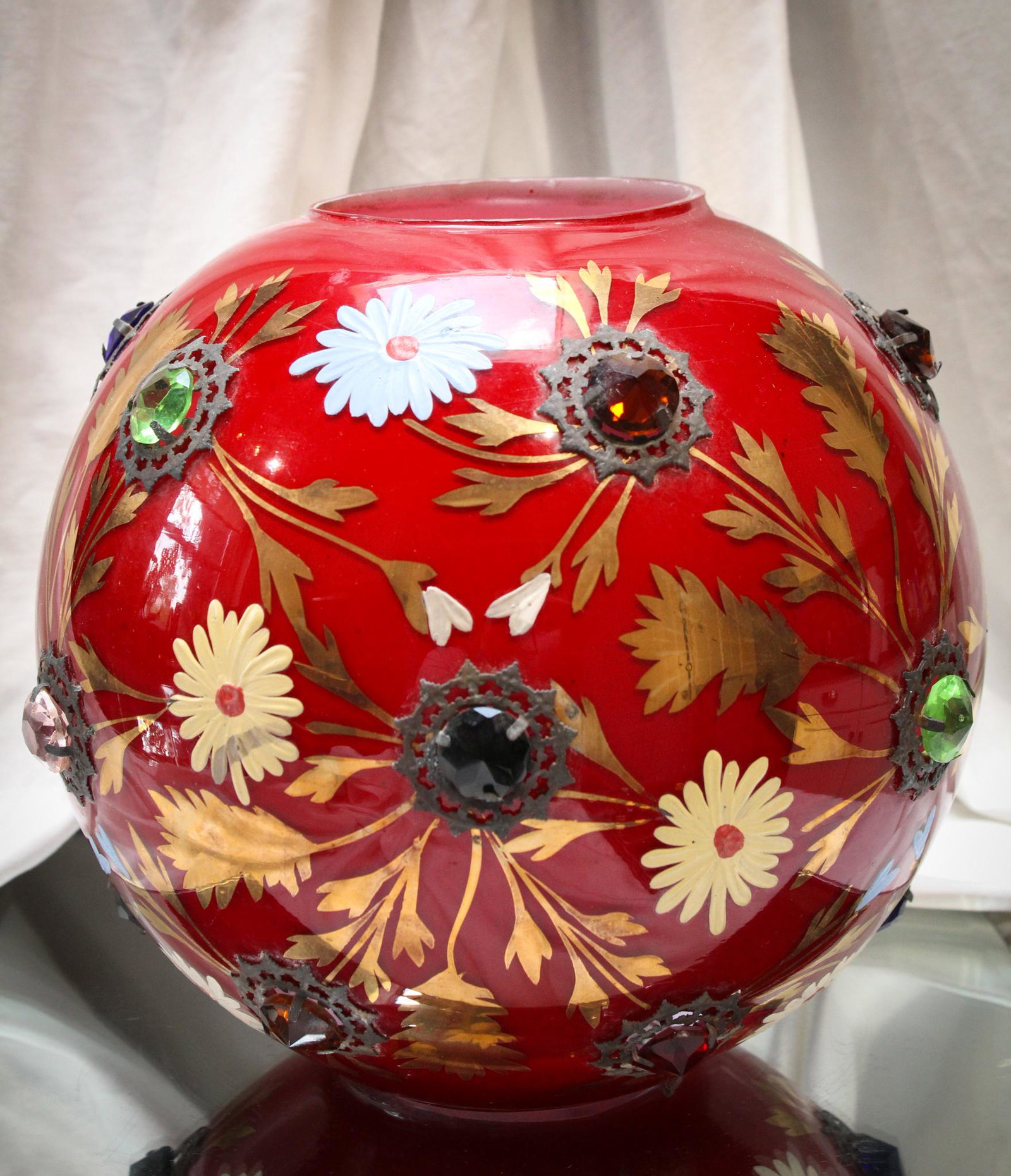 Fantastic Maroon Cased Glass Jeweled Gilt Enameled Glass Shade: Folks, this is one amazing shade! With striking deep maroon color with crisp white interior, this shade is decorated with a profusion of gold and enameled flowers. And the jewelsâ€¦My, oh my! An a