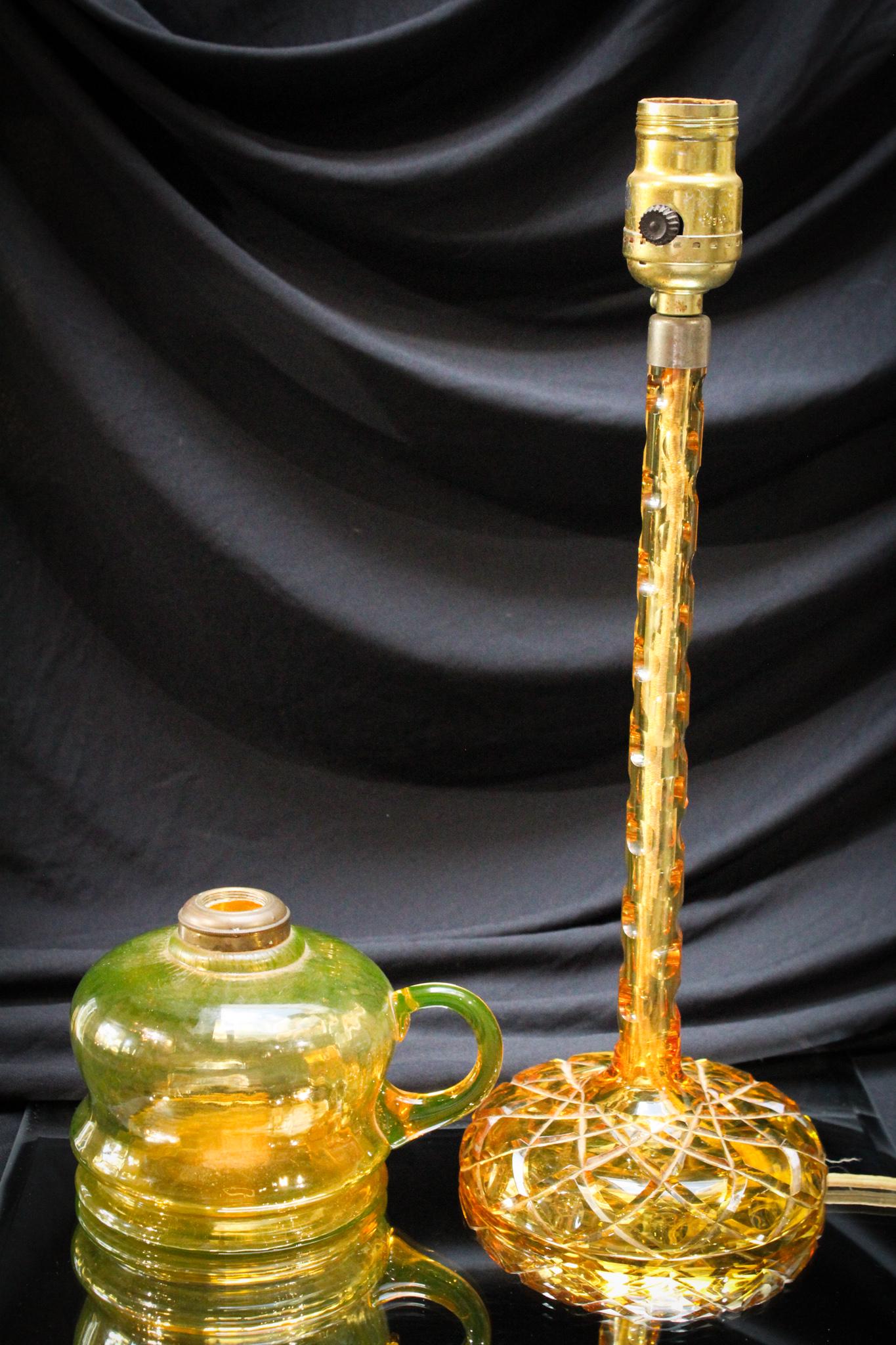 2 pc. Uranium Amber Cut Finger Oil & Electric Lamps: What a coupling we have here, folks! What made us pair these two delectably scrumptious morsels of uranium glass together you ask? Well the Pooh Bear Honey Amber color to the glass of course. That is 