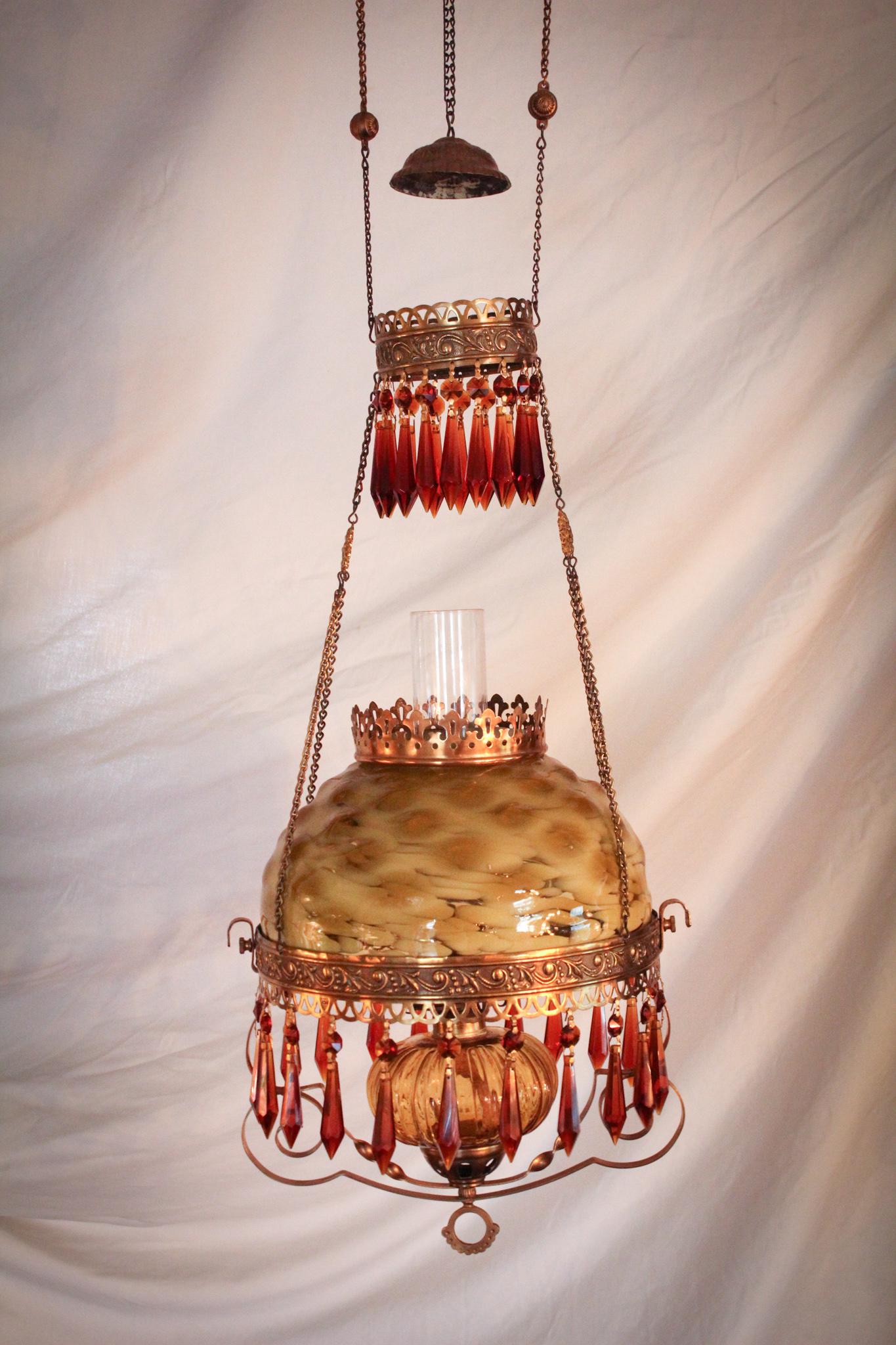 Rare Hobb's Amber Spatter 10" Hanging Parlor Lamp: Folks, this is a real gem. This is a rare Hobb's amber spatter bullseye mold 10" diameter hanging parlor lamp with amber font and lovely amber prisms. Such a beautiful lamp!