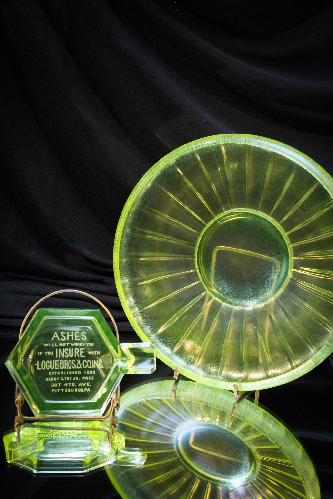 2 pc. Lot Vaseline Pittsburgh Smoking Insurance Advertising Glass & More: Well now. Lets kick things up another notch or two, shall we? Nice offering of two pieces of vaseline glass to include an attributed Northwood bowl and a Pittsburgh advertising ashtray. Wowza folks. D
