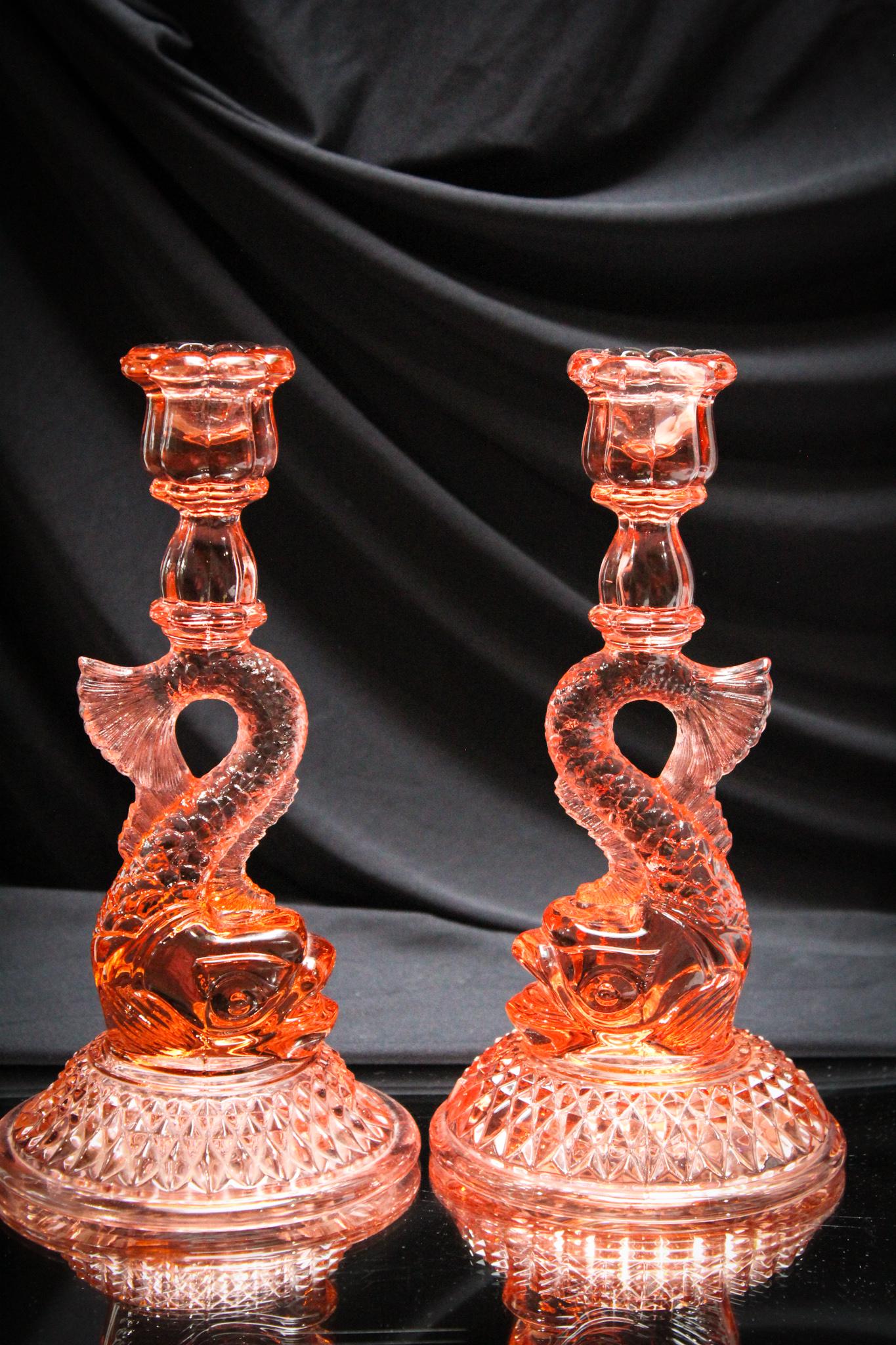 Cambridge Glass Pink Dolphin Candlestick Pair: Always better to have two. Super pair of Cambridge glass pink dolphin candlesticks. Each measures 10".
