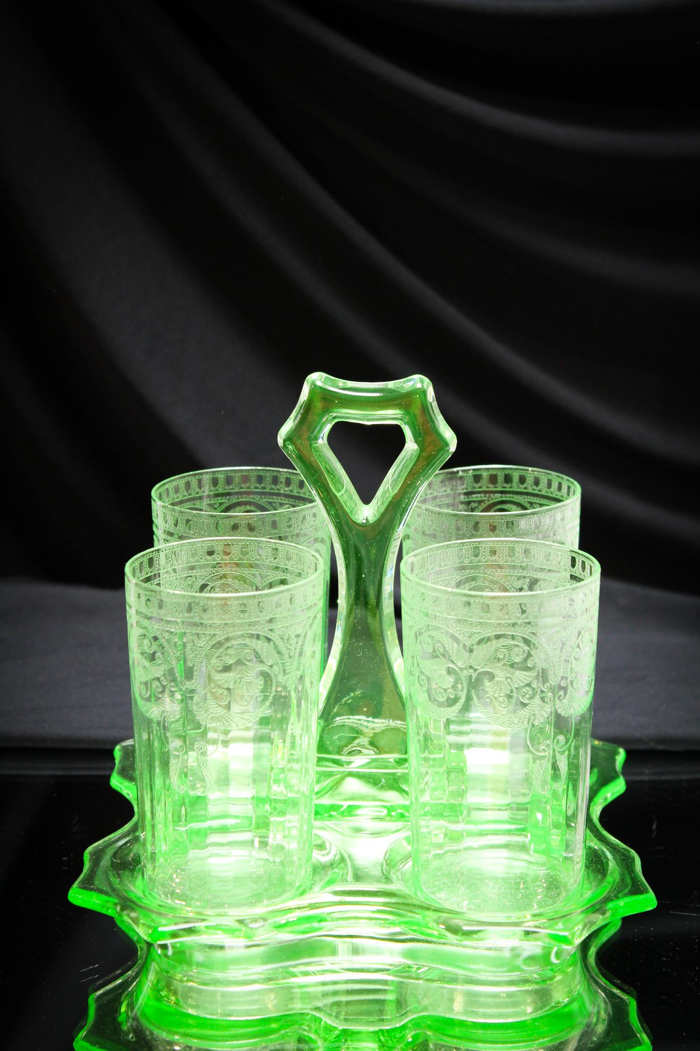Cambridge Glass Light Emerald Uranium Etched Bridge Set: Such a beautiful set. This Cambridge bridge set in light emerald uranium glass just catches the light. Measures 7 1/2".
