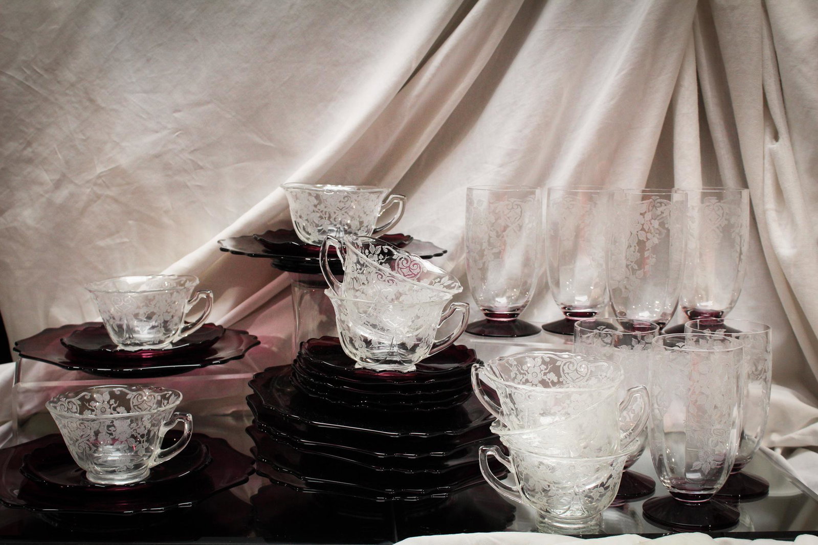 Cambridge Glass 31 pc. Apple Blossom Etch Luncheon Set: Such a nice set. Comprised of footed tumblers, plates, and saucers in amythest. Measures 5".