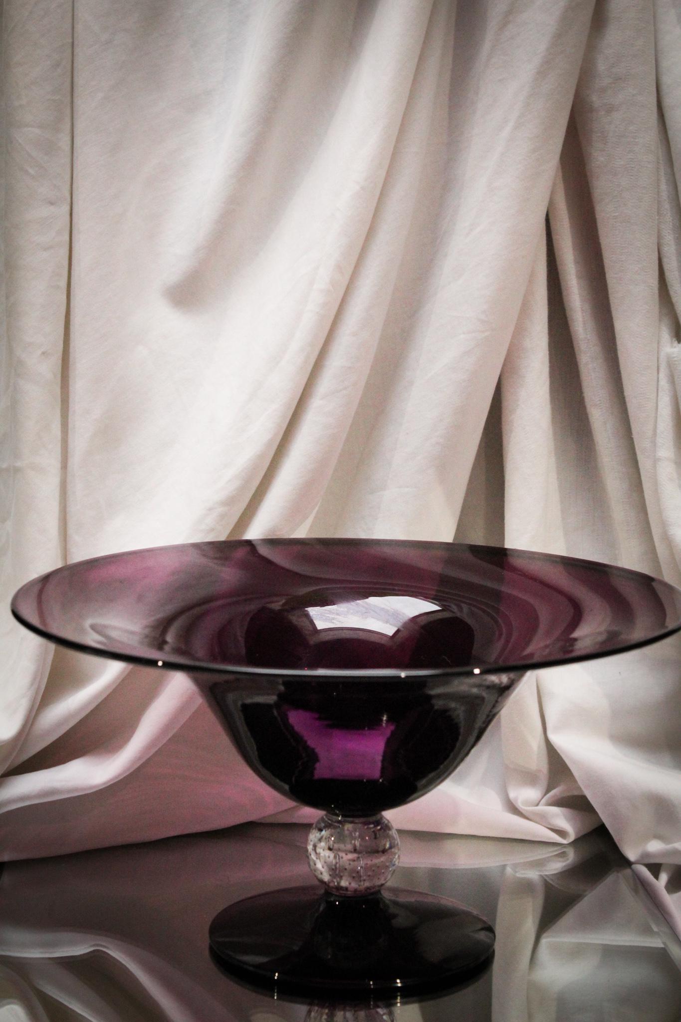 Pairpoint Amythest Glass Bubble Stem 12" Console Bowl: Gorgeous Pairpoint Amythest Console bowl with airtrap bubble stem. Nice and big measuring in at 6 1/4" by 12".
