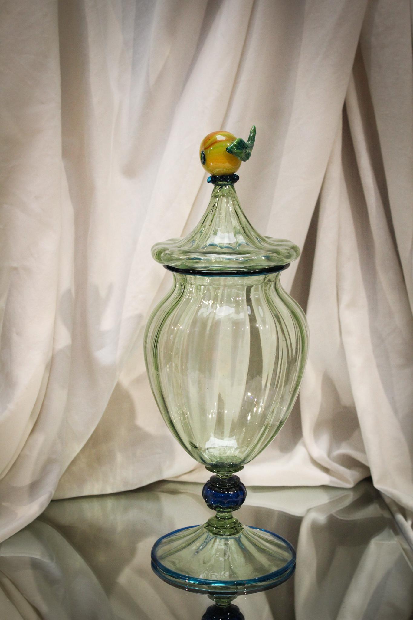 Italian Art Glass 13" Candy Jar w/ Applied Fruit: Wonderful Italian art glass 13" tall lidded candy jar with applied glass fruit finial and applied edge. Nice!