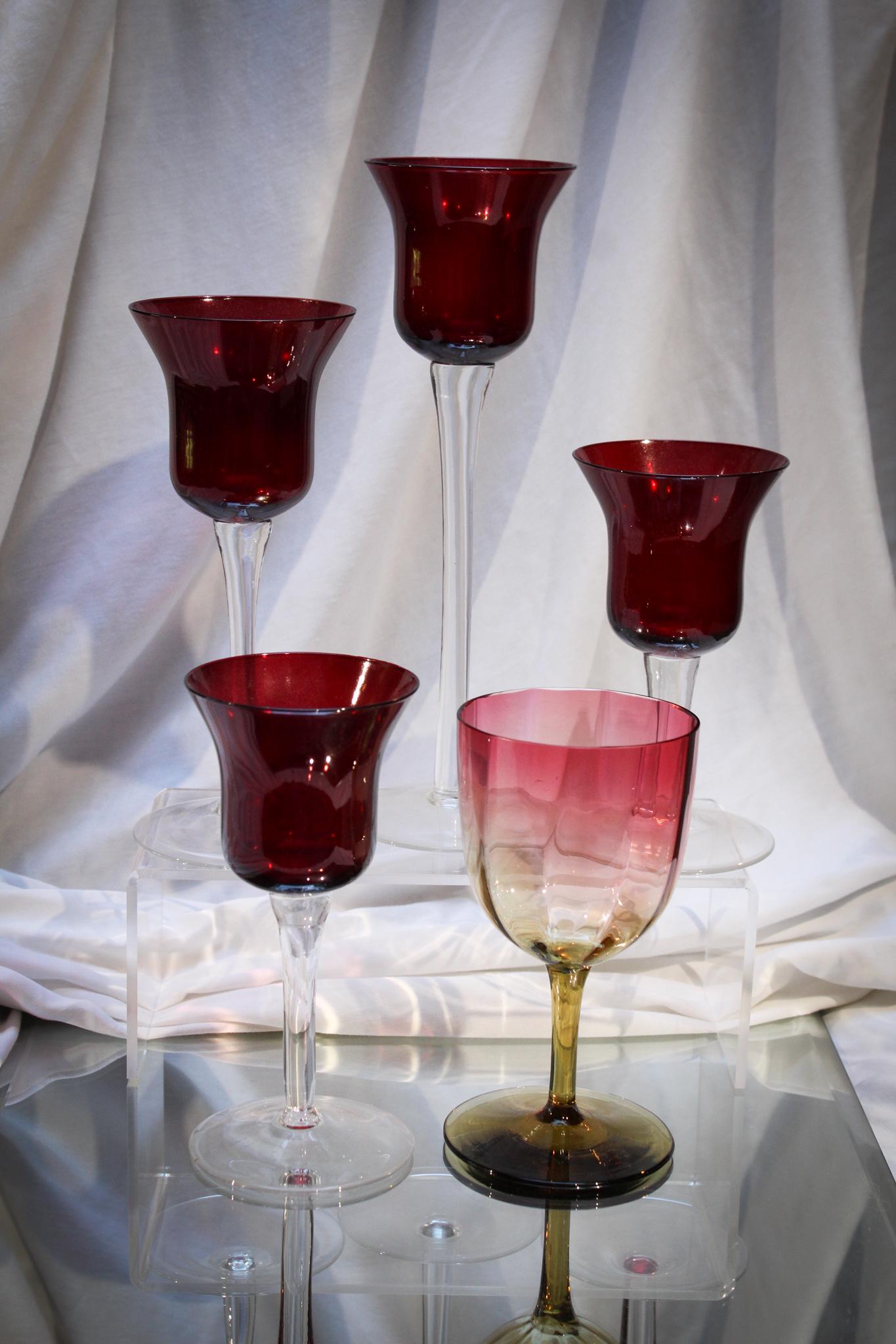 4 pc. Lot Art Glass Gothic Revival Ruby Glass Stems & More: Setting the table for your D & D group dinner. Need some showy ruby stems reminiscent of the gothic period? Be the wizard you have always wanted to be with these. Well, here you go folks! Three of tho