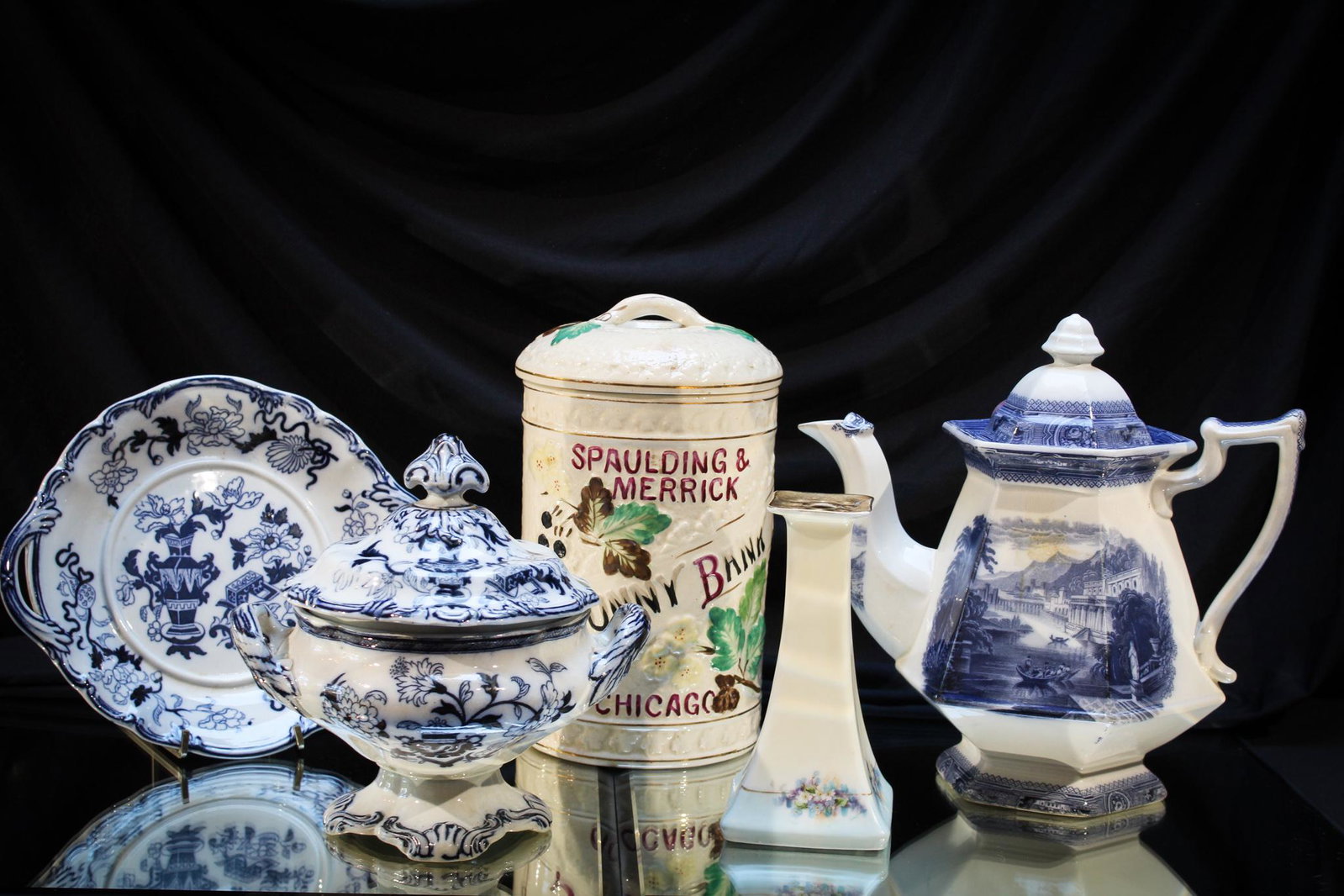 4 pc. Lot Victorian Transferware: Great assorted lot of Transferware comprised a covered jar, teapot, turreen, and candlestick.
