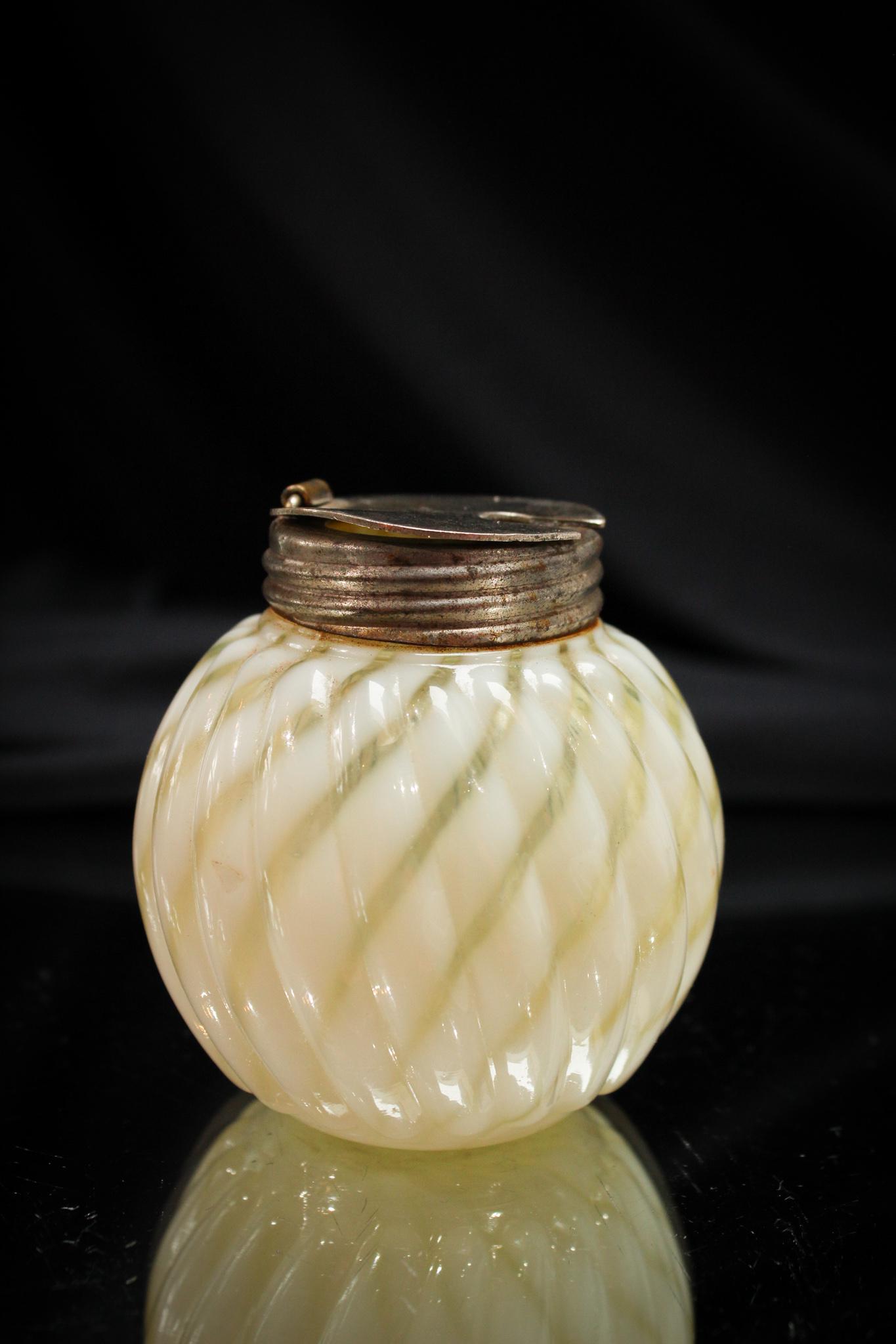 Victorian Vaseline Opalescent Reverse Swirl Mustard Jar: Such a tough little guy to find. Here is your chance for the mustard in reverse swirl if you didn't have it. Measures 2 3/4" tall.