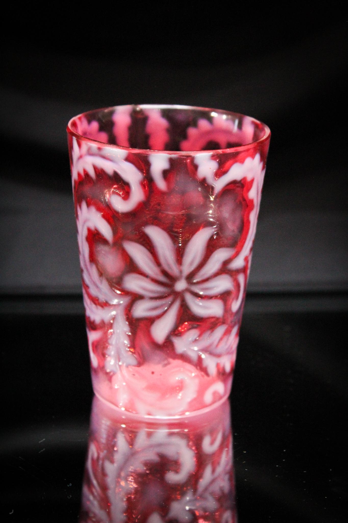 Northwood Cranberry Opalescent Victorian Poinsettia Tumbler: Folks, this is the second of two Northwood Cranberry opalescent Poinsettia pattern tumblers we are offering. Just like the first one, this has the best color and opal and all that you could ever want 