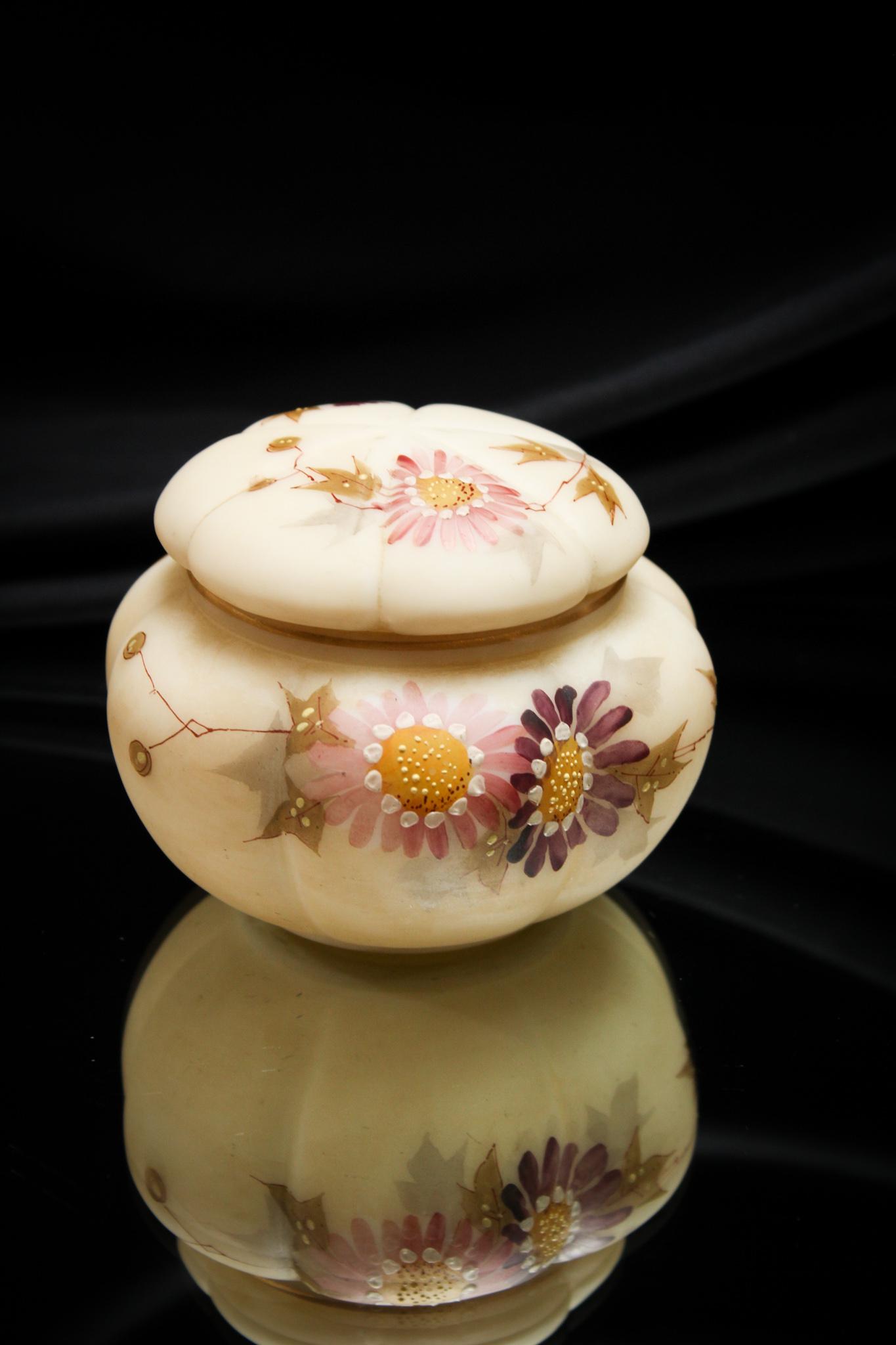 Smith Bros. Victorian Enameled Glass Powder Jar: Such a nice example. The decoration is so nice on this one folks. Usually this jar has meh dÃ©cor. Not this time. Very nice. Measures 3" tall
