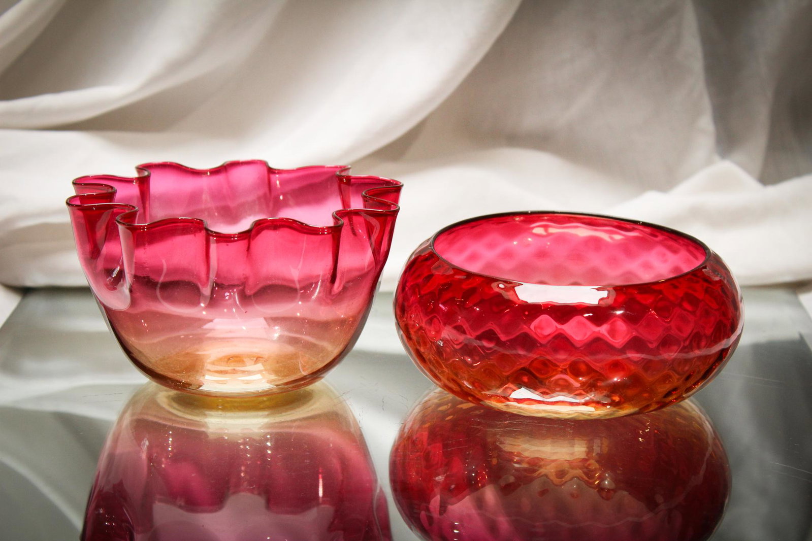 2 pc. Lot Victorian Amberina Glass Finger Bowls: How about adding these two lovelies to your collection? The best color is show cased in this pairing. What more could you ask for? Tallest measures 2 3/4".