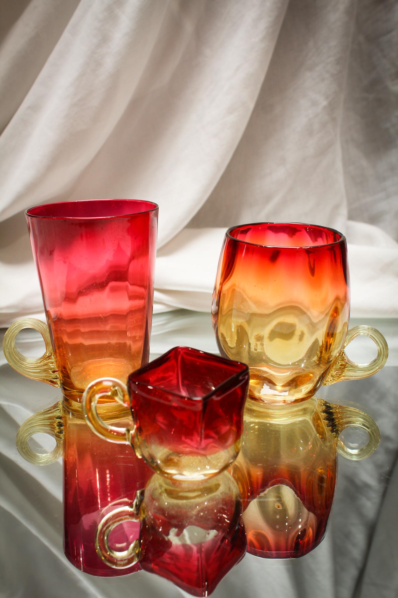3 pc. Lot Victorian Amberina Glass: What more could you ask with this offering of some lovely Victorian amberina mugs? Not one thing. These are such nice individual examples of some of the prettiest glass made. We love amberina. Tallest