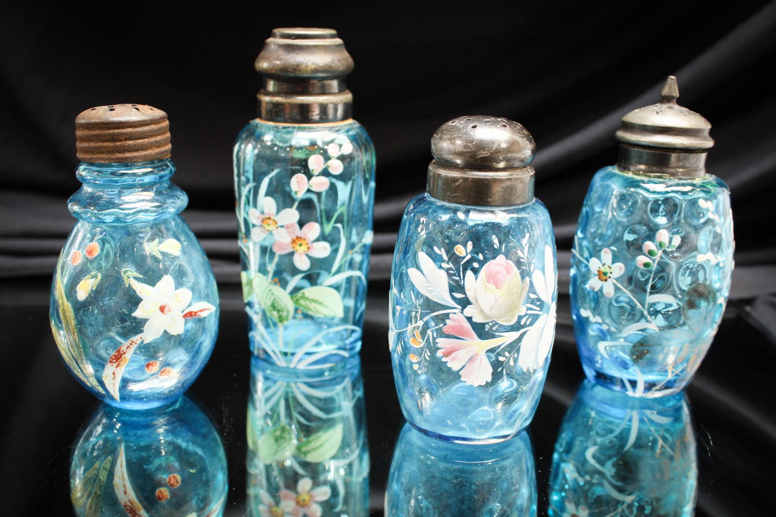 4 pc. Lot Victorian Glass Blue Enameled Salt Shakers (1 of 6)