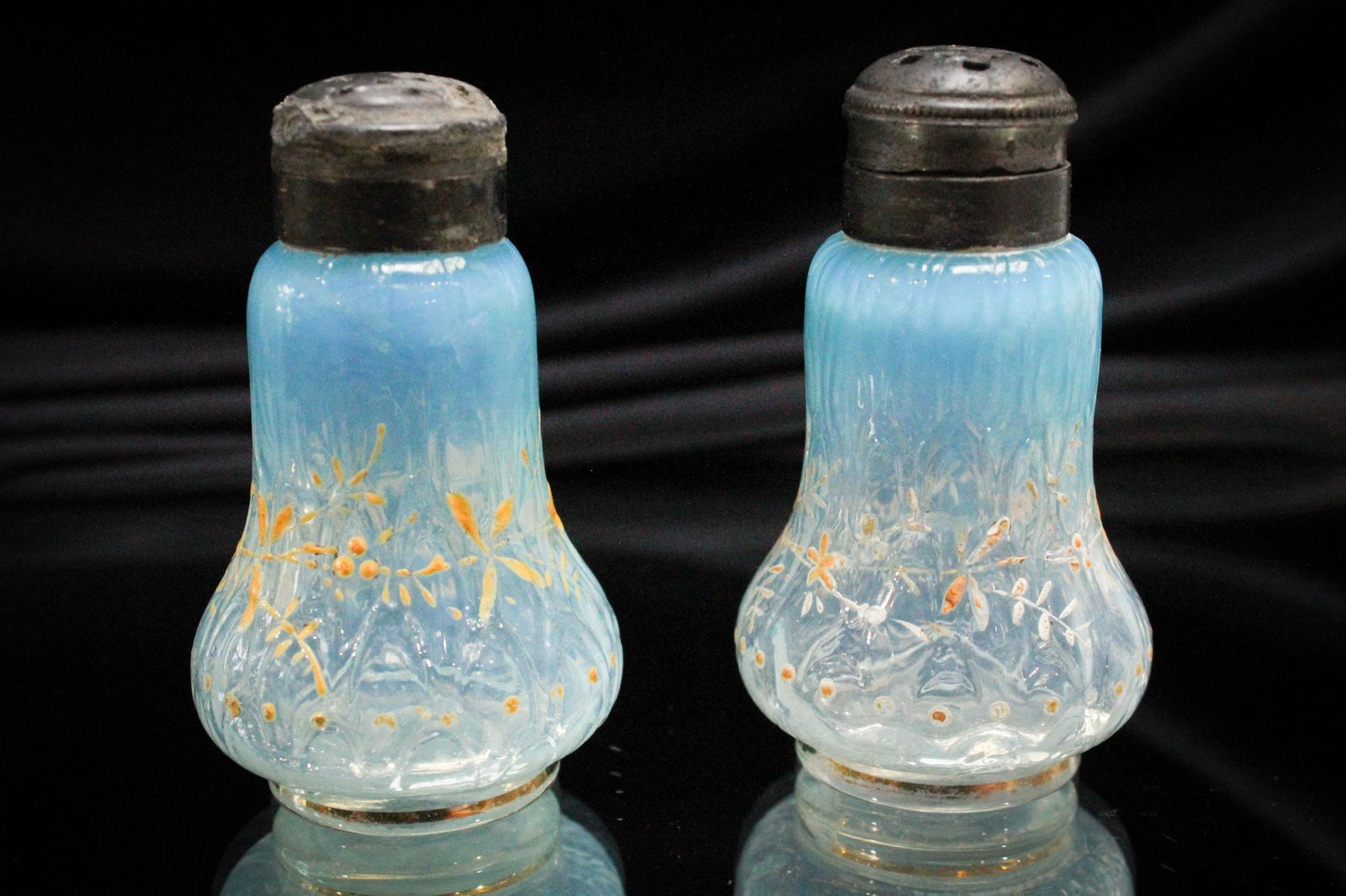 Pr. Victorian Peacock Eye Enameled Glass Salt Shakers (1 of 6)