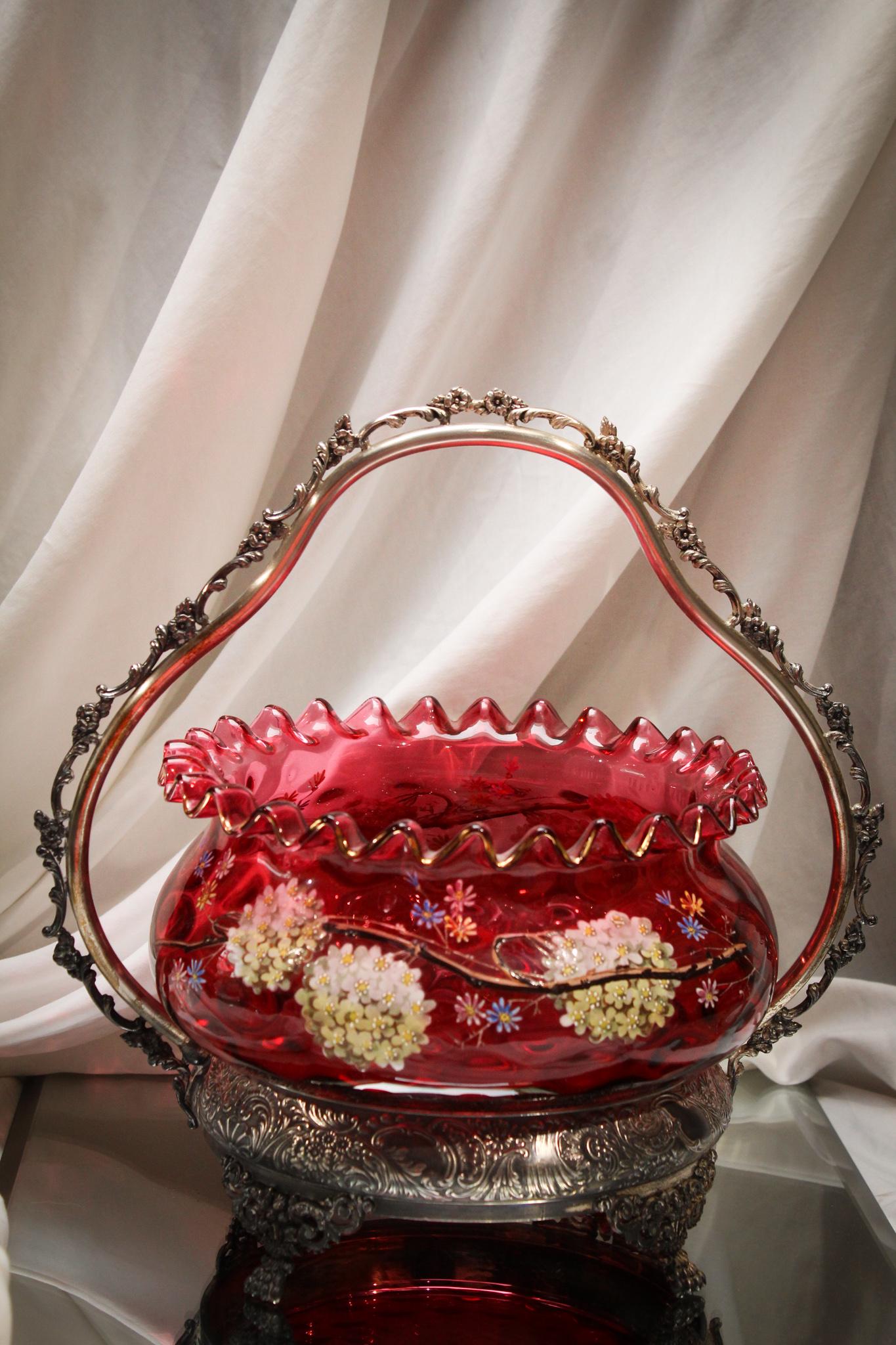 Fantastic Deep Cranberry Enameled Silverplate Brides Basket (1 of 10)