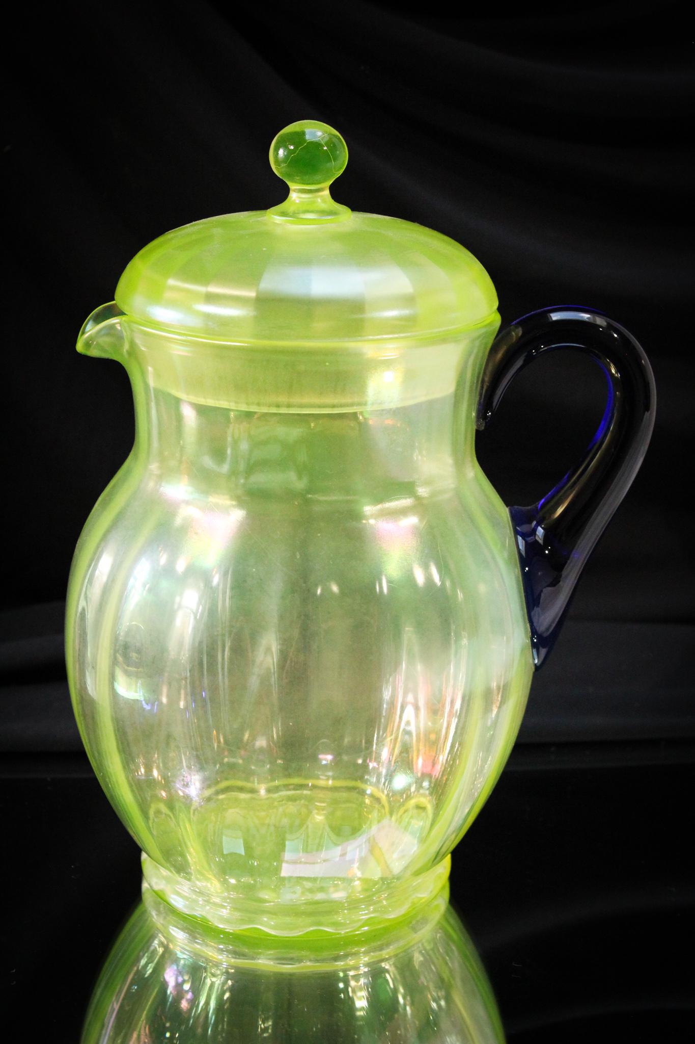 Fenton Vaseline Cobalt Stretch Glass Pitcher with Lid (1 of 8)