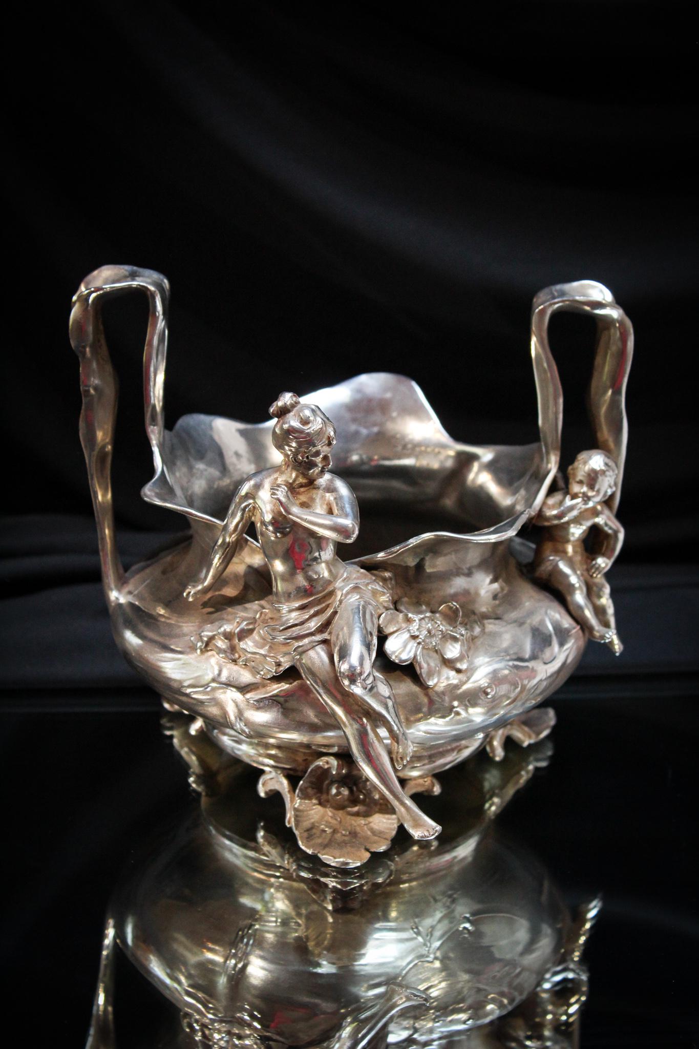 Art Nouveau Silverplate Figural Lady & Cherub Vase (1 of 10)