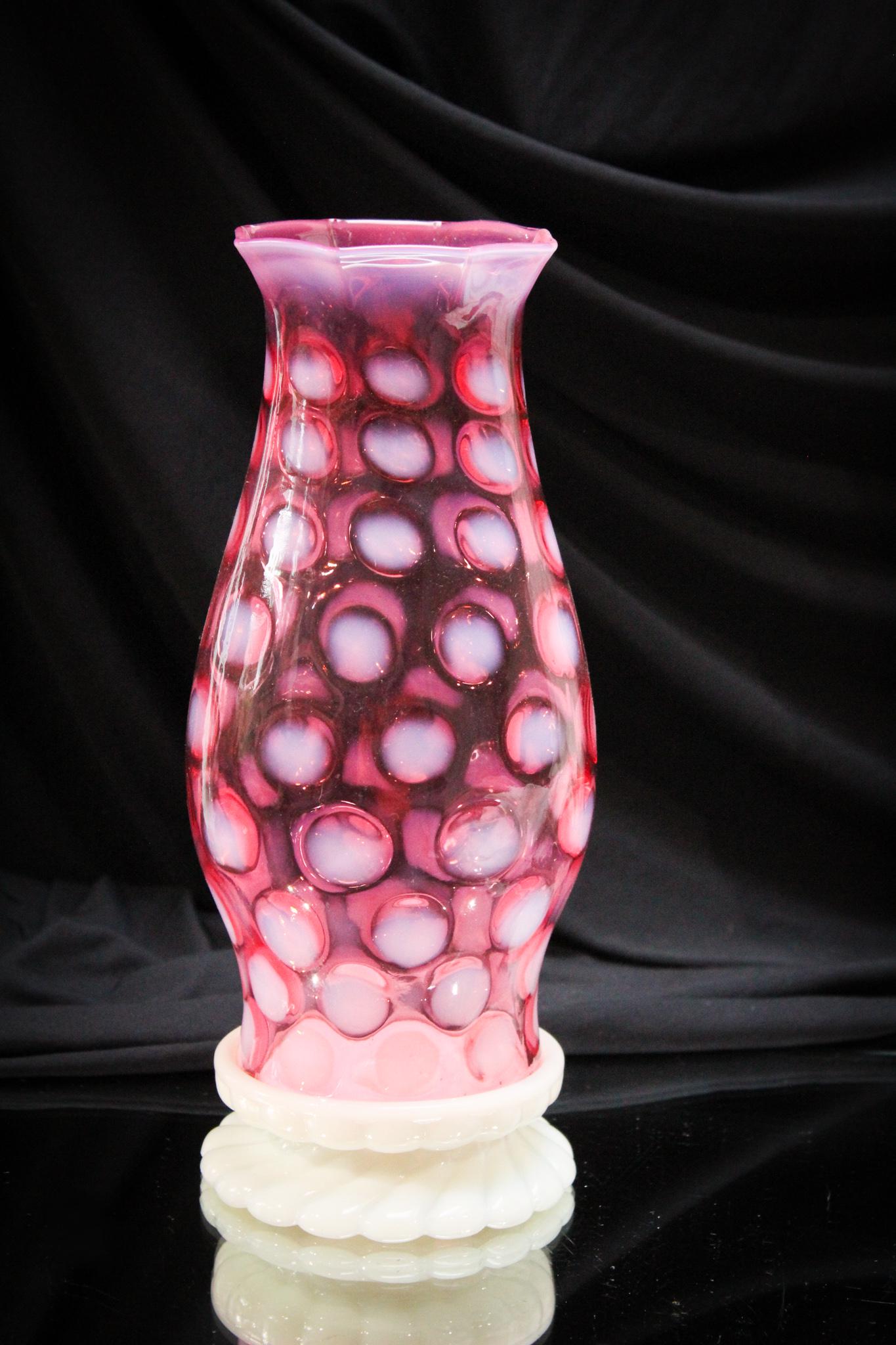 Fenton Cranberry Opalescent Coinspot Hurricane Lamp (1 of 8)