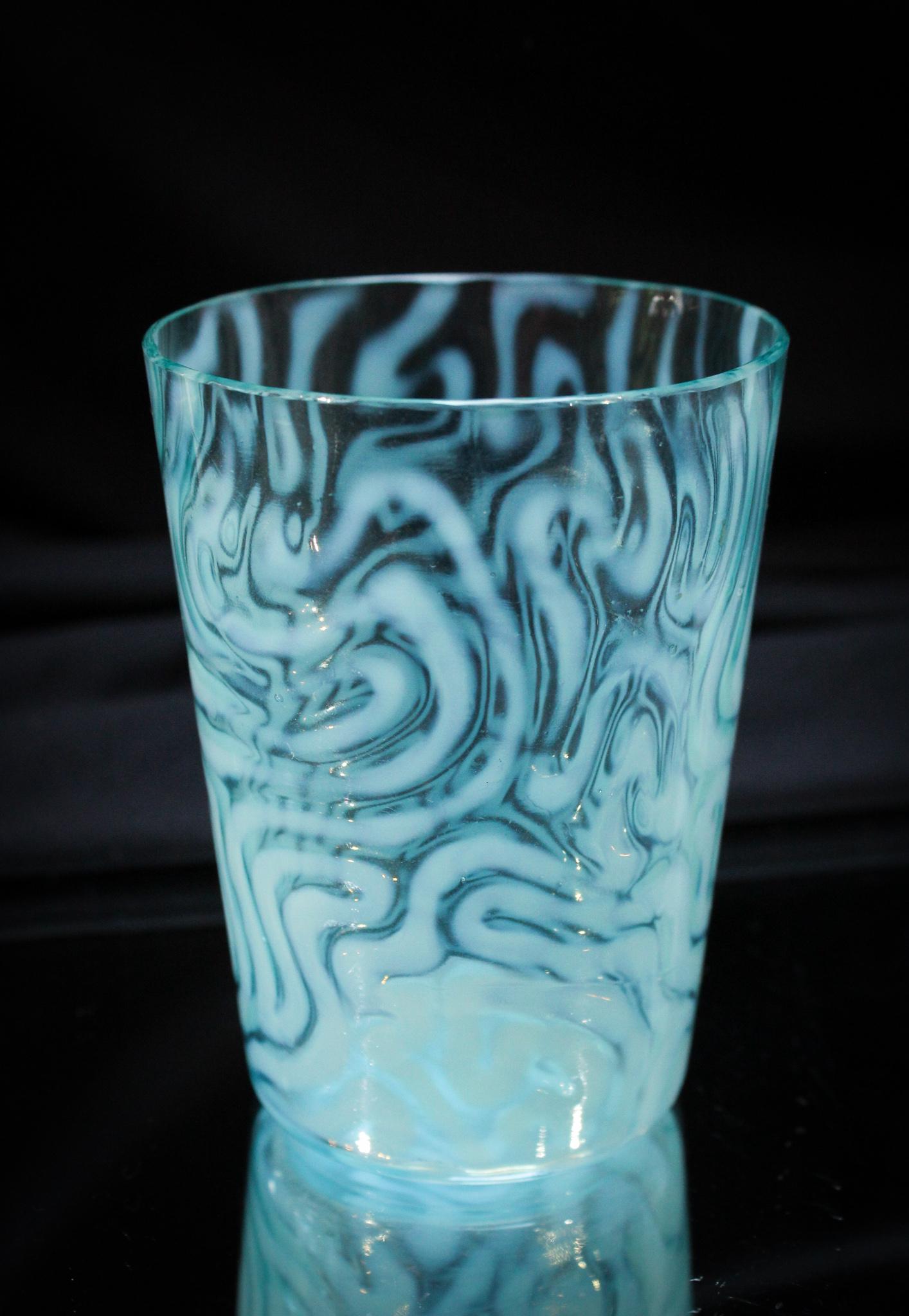 Scarce Blue Opalescent Swirling Maze Victorian Tumbler: Very nice and such a difficult tumbler to find if you need one. This one has the best coloring and strong opalescence. A most unusual pattern. Imagine being the designer of this pattern and showing it