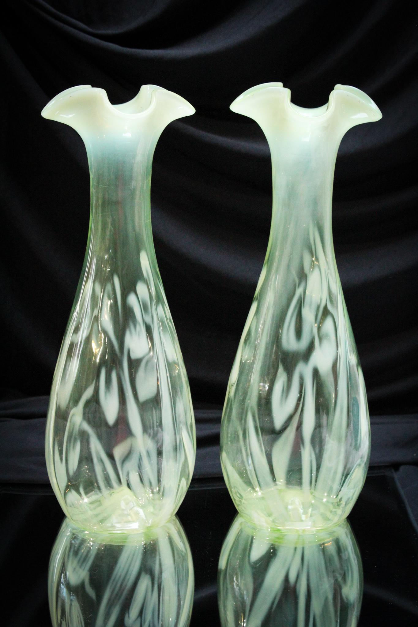 13" Victorian Vaseline Opalescent Glass Iris Vase Pair (1 of 6)