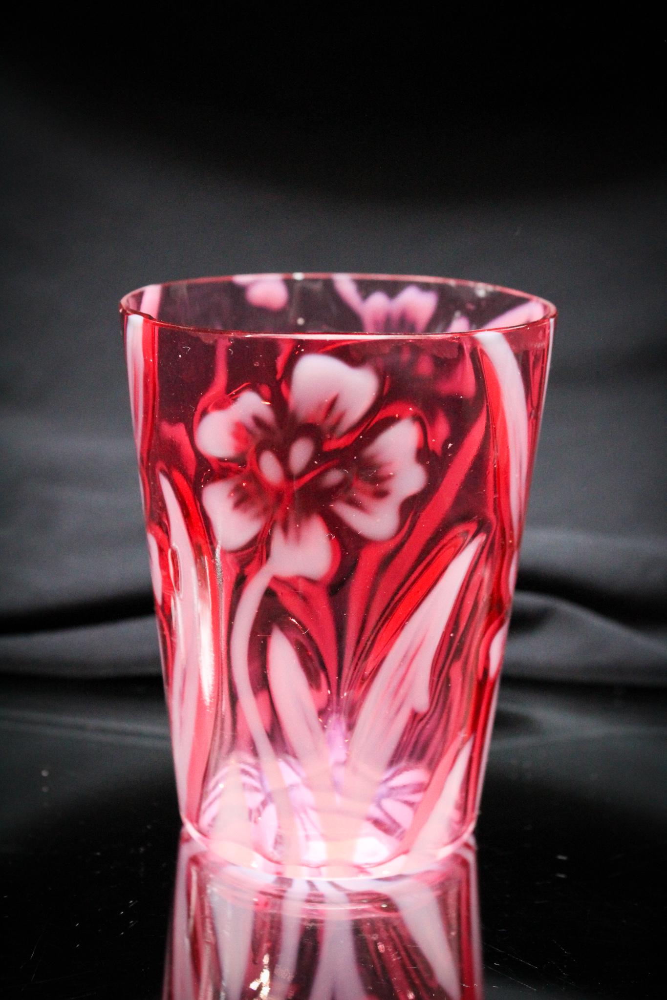 Rare Northwood Cranberry Opalescent Daffodils Victorian Tumbler (1 of 5)