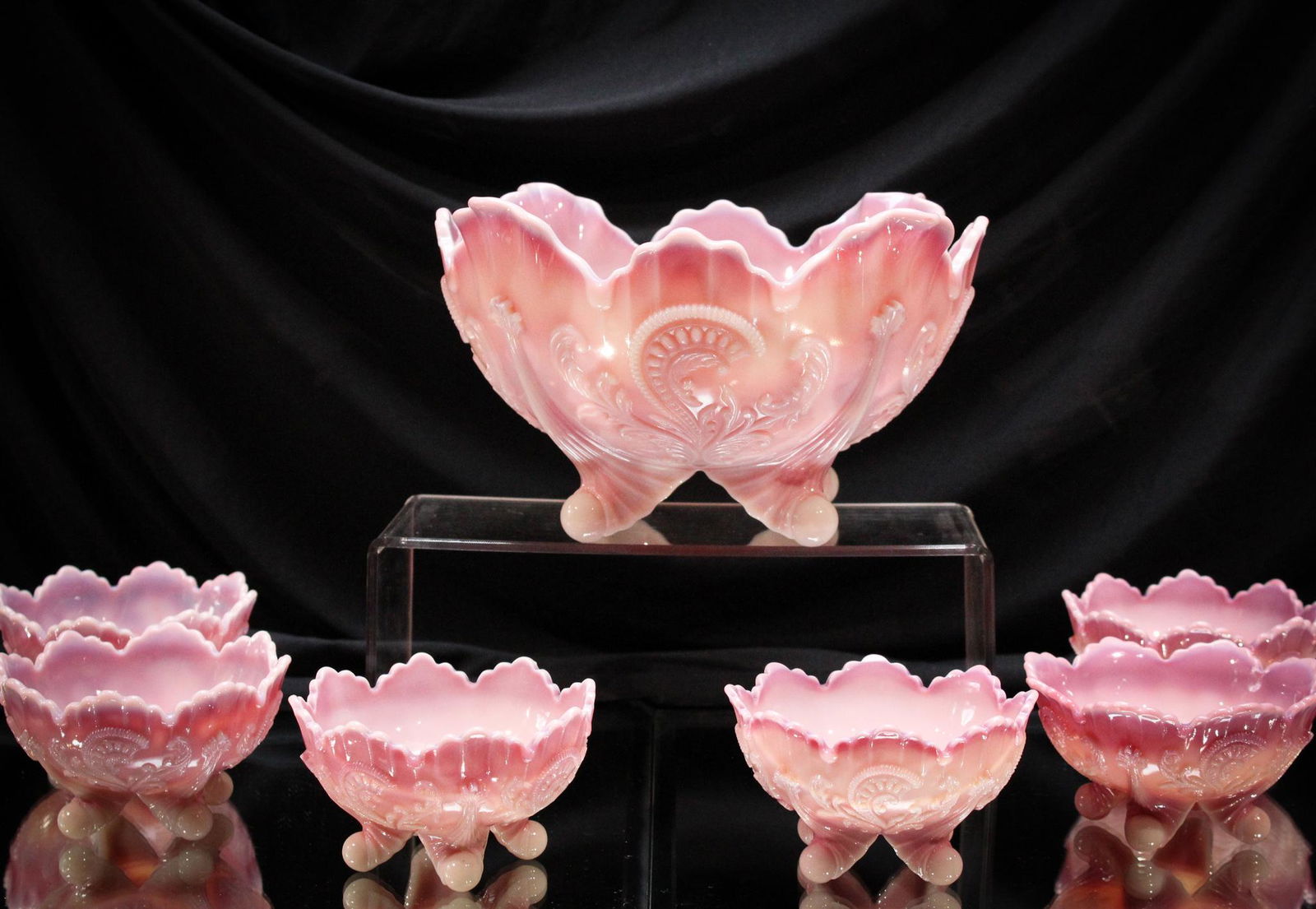 7 pc. Set Northwood Pink Slag Inverted Fan & Feather Berry Set (1 of 7)