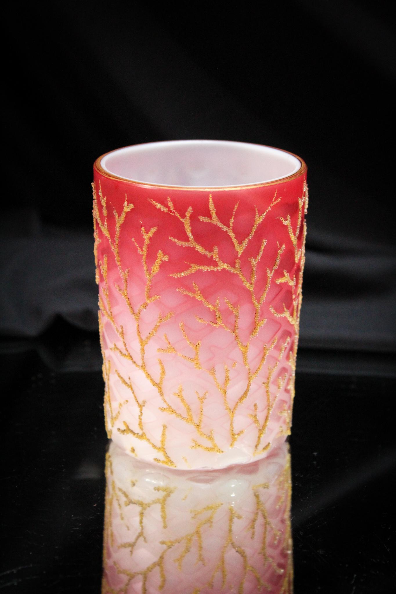Victorian Pink Mother of Pearl Glass Coralene Tumbler: One beautiful tumbler here folks. This is pink Victorian mother of pearl diamond quilt glass tumbler decorated with coralene embellishments all around. One fine example. Measures 4" tall.