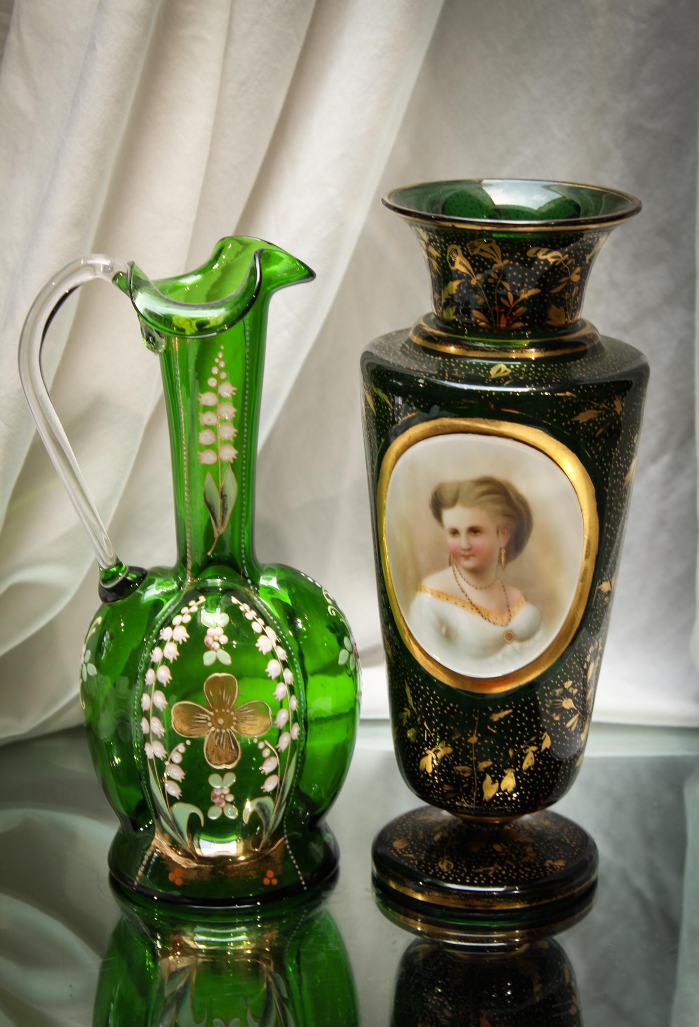 2 pc. Lot Victorian Moser Bohemian Glass: Can you stand it folks? Too much loveliness to take in. Well, loosen your belt because we have a long way to to go in this auction with the best of the best. Here's an offering of two pieces of Victor