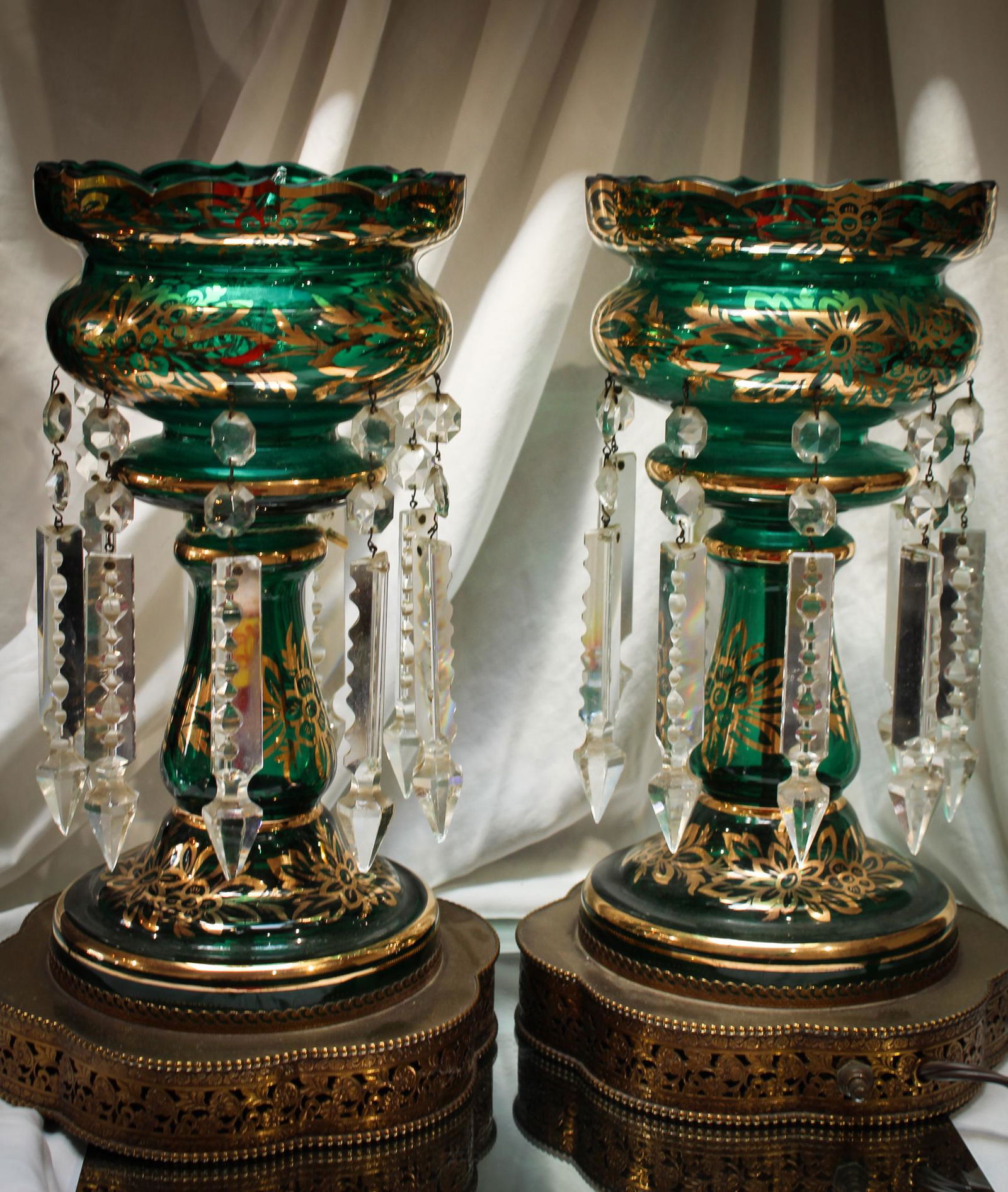 Huge 14" Continental Emerald Gilt Victorian Style Mantle Lamps (1 of 11)