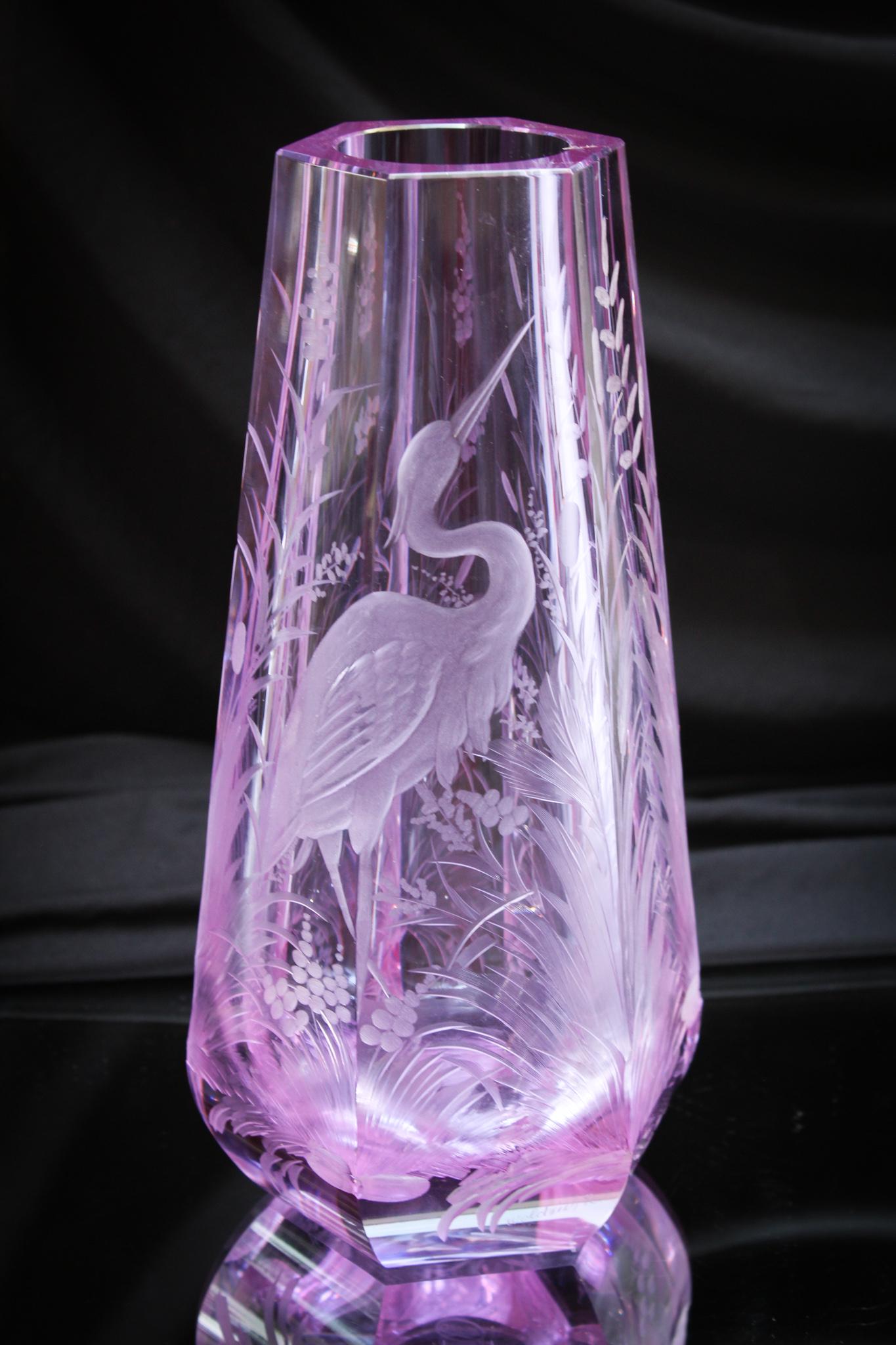 Moser Neodymium Alexandrite Glass Stork & Rushes carved Vase (1 of 8)