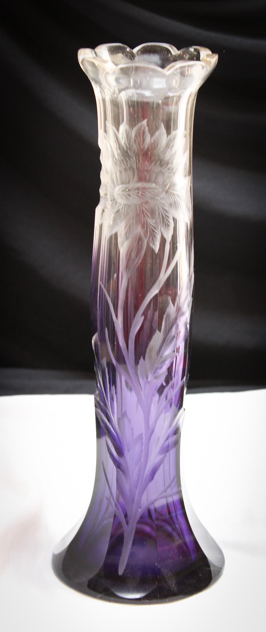 Moser Intaglio Amythest Glass Floral Vase: Stunning Intaglio Amythest Glass purple to clear floral etched and carved vase. Simply lovely. Measures 10" tall.