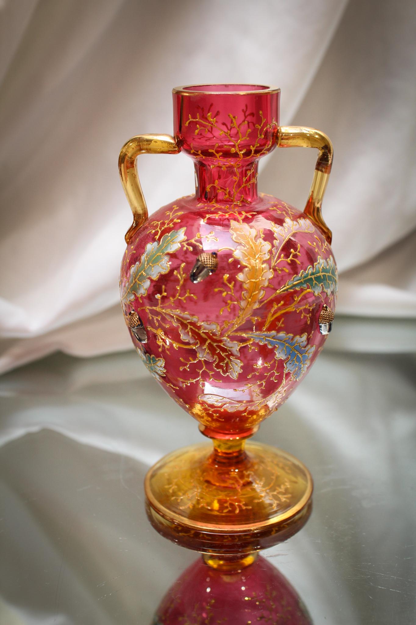 Moser Cranberry Enameled Diminutive Glass Acorn & Bee Vase (1 of 6)