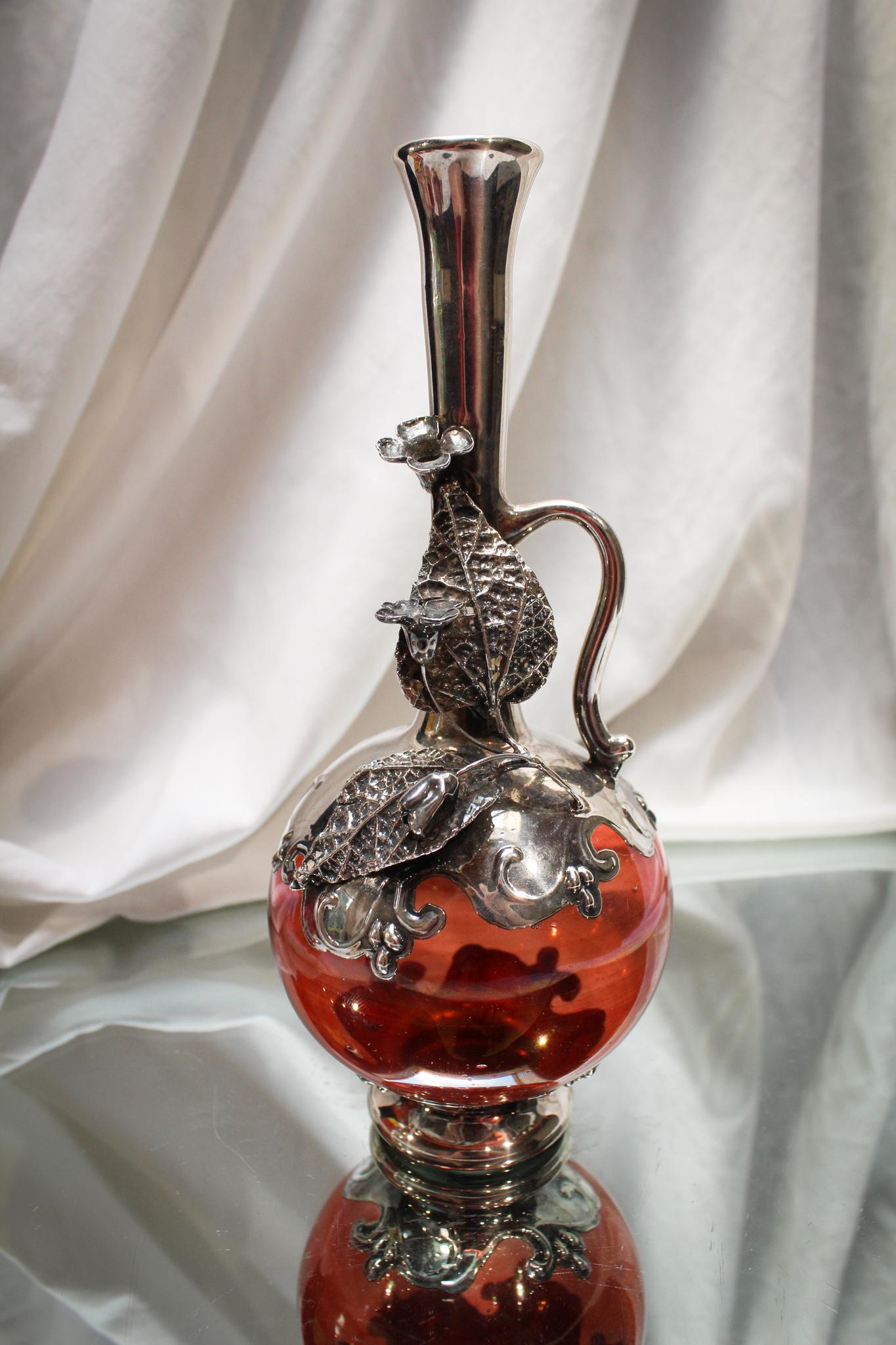 925 Silver Overlay Cranberry Glass Vase (1 of 6)