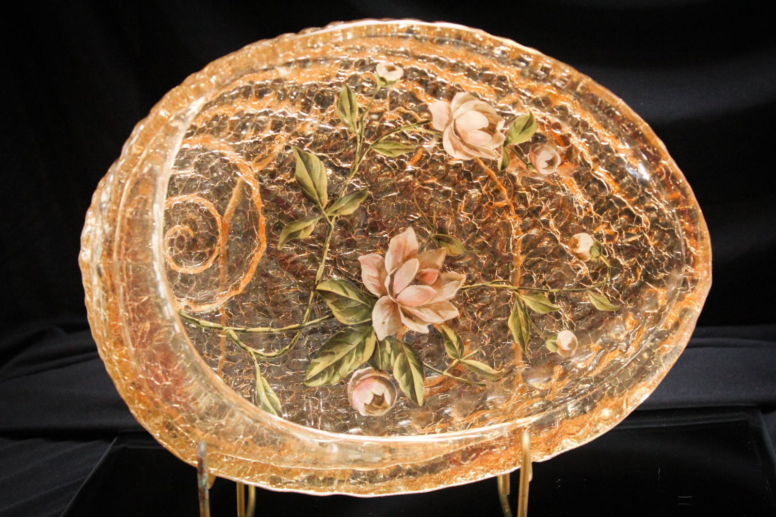 Victorian Moser Amber Enameled Crackle Glass Shell form ftd. Bowl (1 of 5)