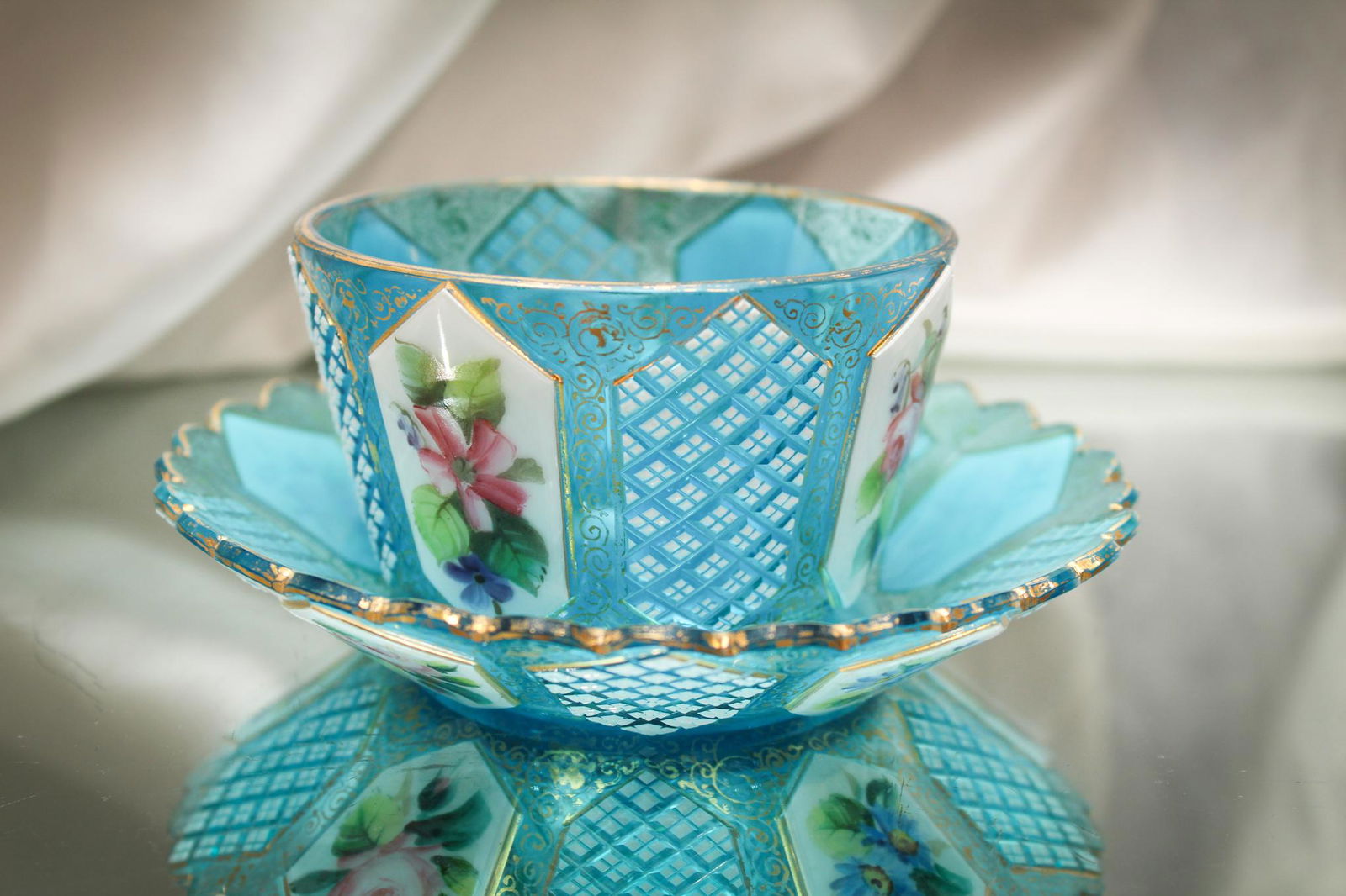 Moser Blue Cut Overlay Enameled Glass Ramekin & Underplate (1 of 6)