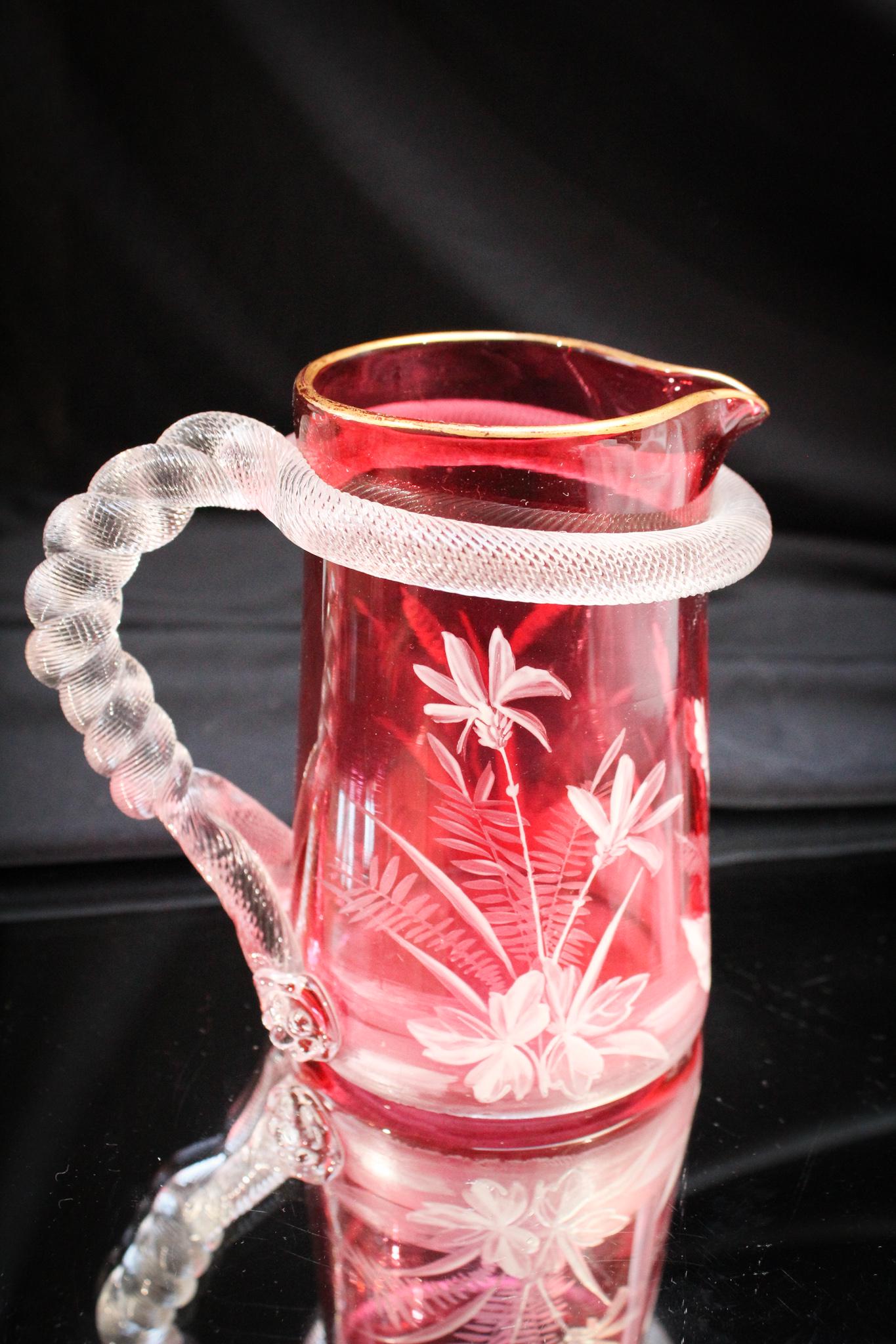 Cranberry Victorian Enameled Rope Handle Cream Pitcher (1 of 5)