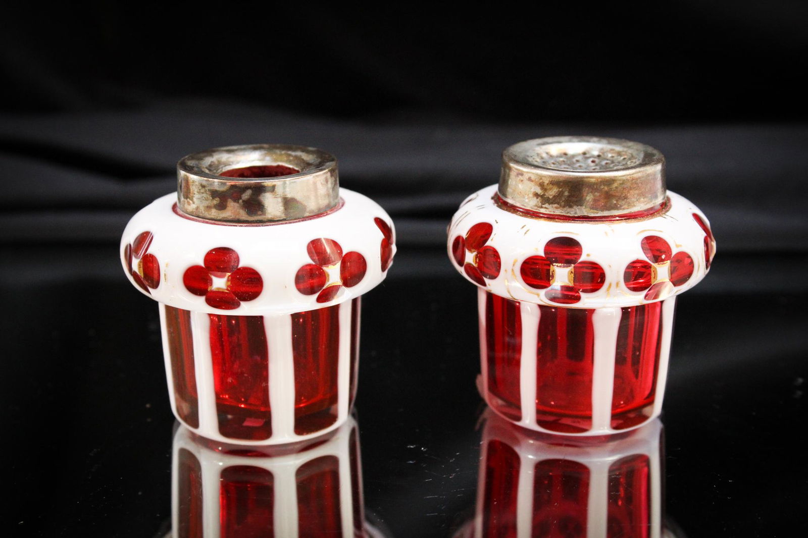 Pair Cranberry Cut Overlay Victorian Glass Inkwell and Sander (1 of 4)